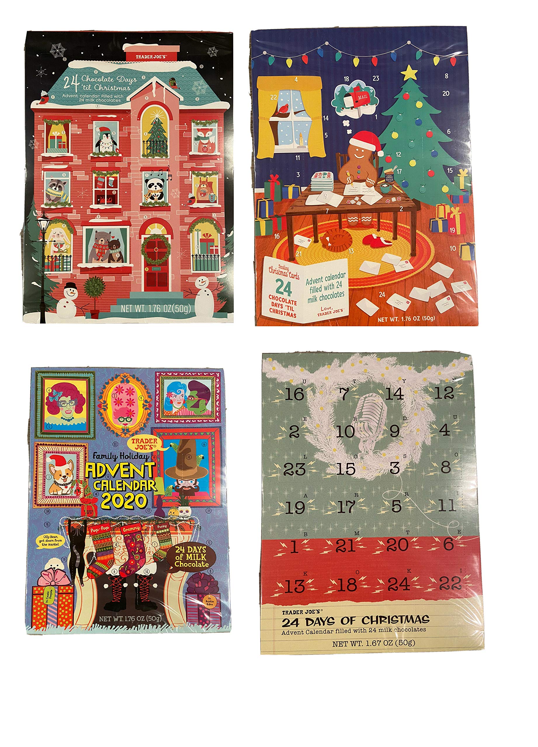 Trader Joe's Christmas Milk Chocolate Advent Calendar - 4 Pack Holiday Designs for Kids & Adults | Perfect for Holiday Gifting, Stocking Stuffers & Festive Countdowns