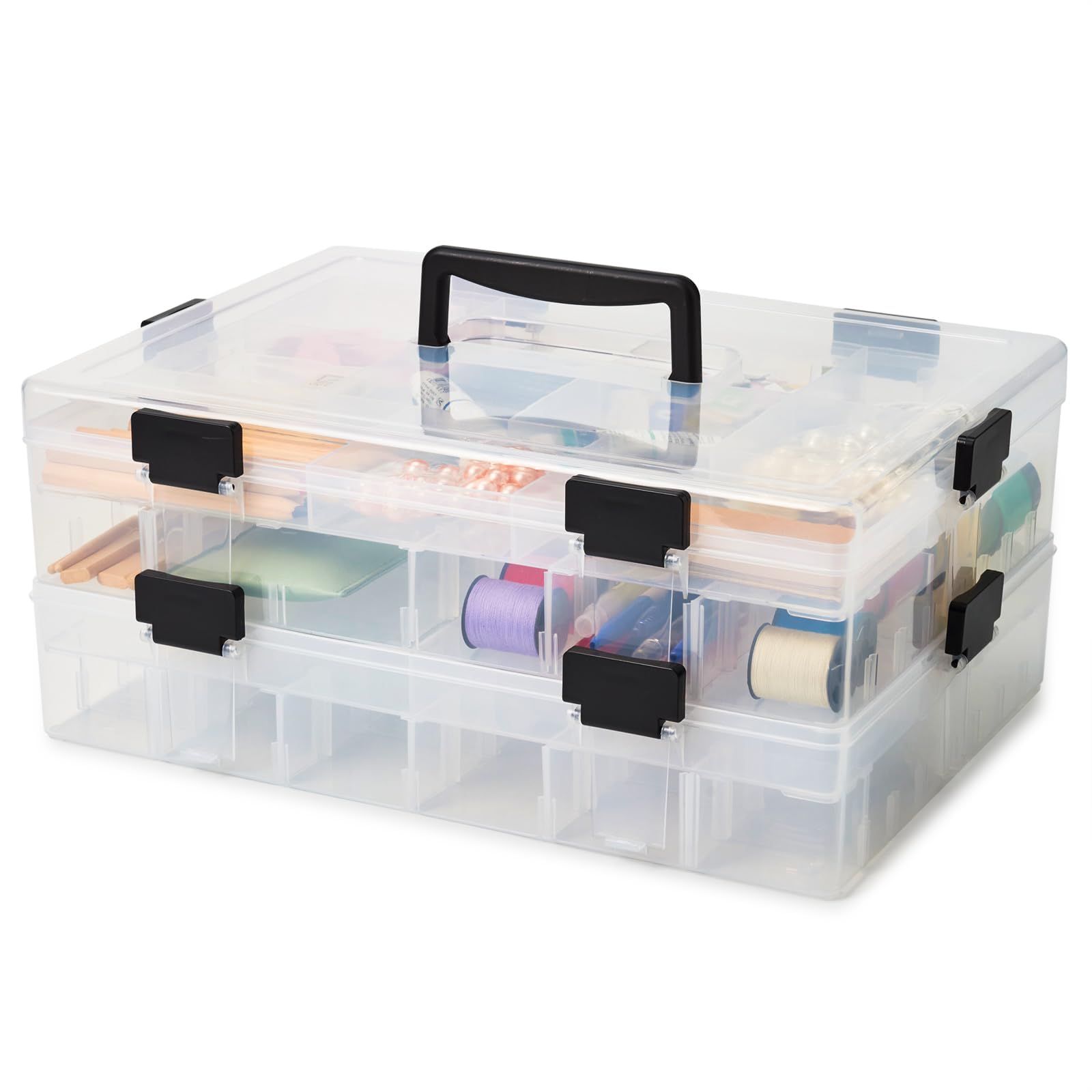EZOWare 2-Tier Clear Plastic Craft Storage Organizer Box - 118 Adjustable Grid Compartments with Handle, Stackable Jewelry & Sewing Supplies Container for Beads, LEGO Blocks, Fishing Tackle - Perfect for Craft Rooms, DIY Workshops & Home Organization