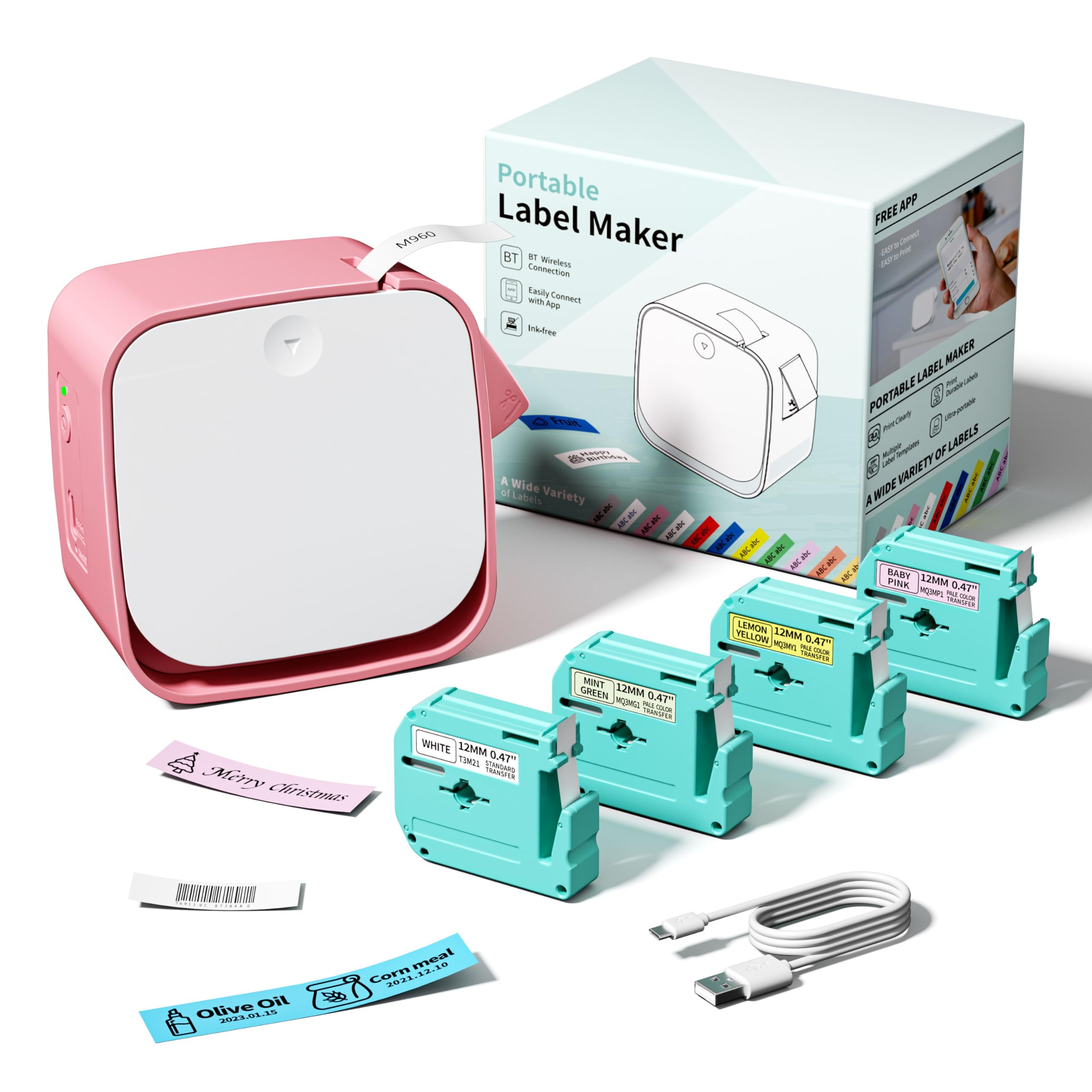 Pink Mini Label Maker Machine with 4PK Tapes - M960 Handheld Bluetooth Label Printer for Home, Office & School Organization | Perfect for Kids Items, Classroom Supplies & Teacher Gifts | Ideal for Back to School, Closet Organization & Craft Labeling