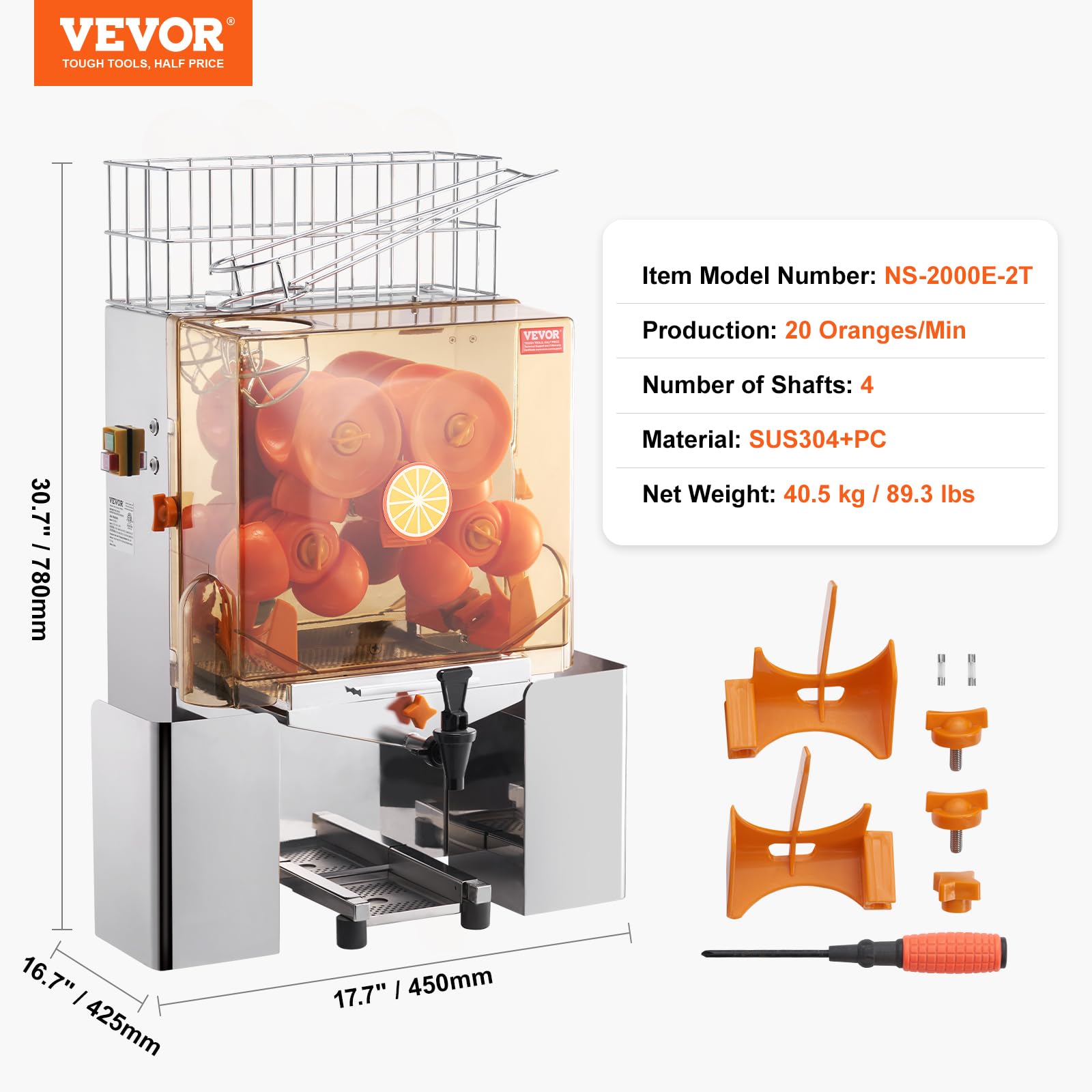 VEVOR Commercial Orange Juicer Machine 120W - Automatic Juice Extractor with Water Tap, Stainless Steel Orange Squeezer (20 Oranges/Min) - Includes Pull-Out Filter Box, PC Cover & 2 Peel Buckets - Perfect for Restaurants, Juice Bars & Catering Services