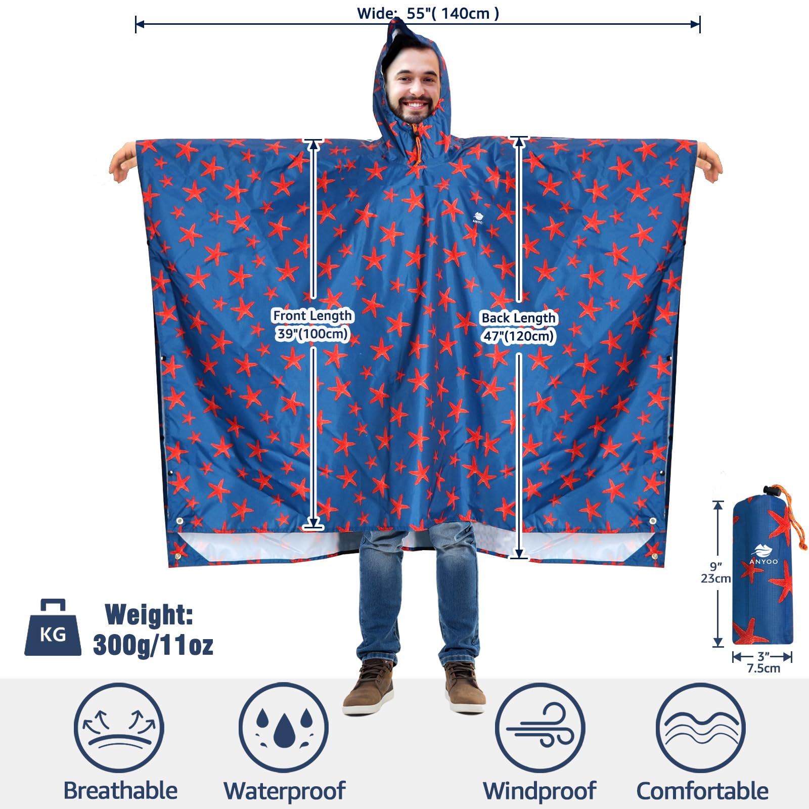 ANYOO Waterproof Rain Poncho for Adults - Lightweight Hooded Raincoat for Men & Women - Perfect for Hiking, Camping, Outdoor Adventures & Emergency Weather Protection