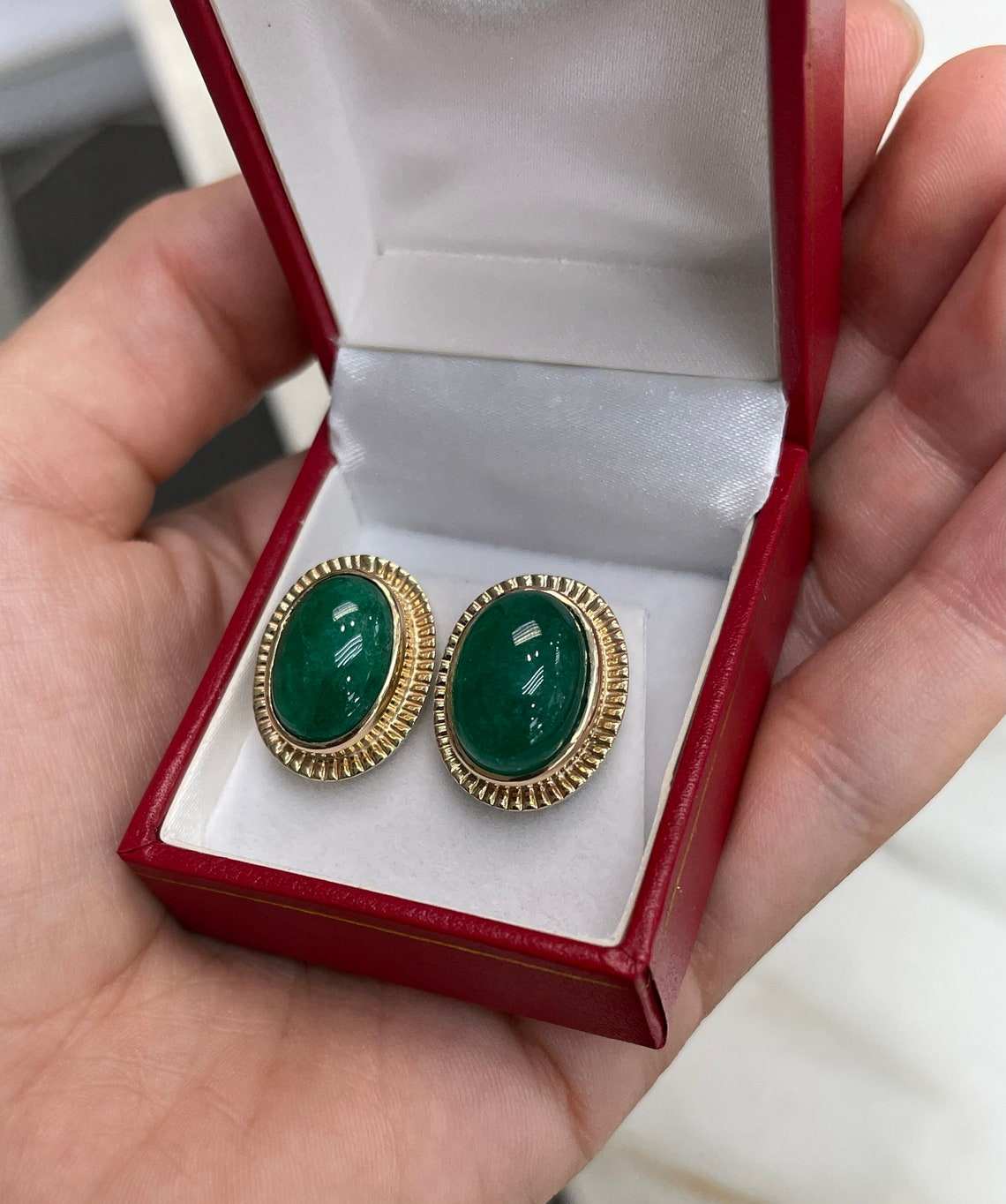 19.04tcw Large Jumbo Natural Emerald Cabochon Vintage Handmade Bezel Earrings 14K Gold - Elegant Jewelry for Women, Perfect for Weddings, Parties & Special Occasions