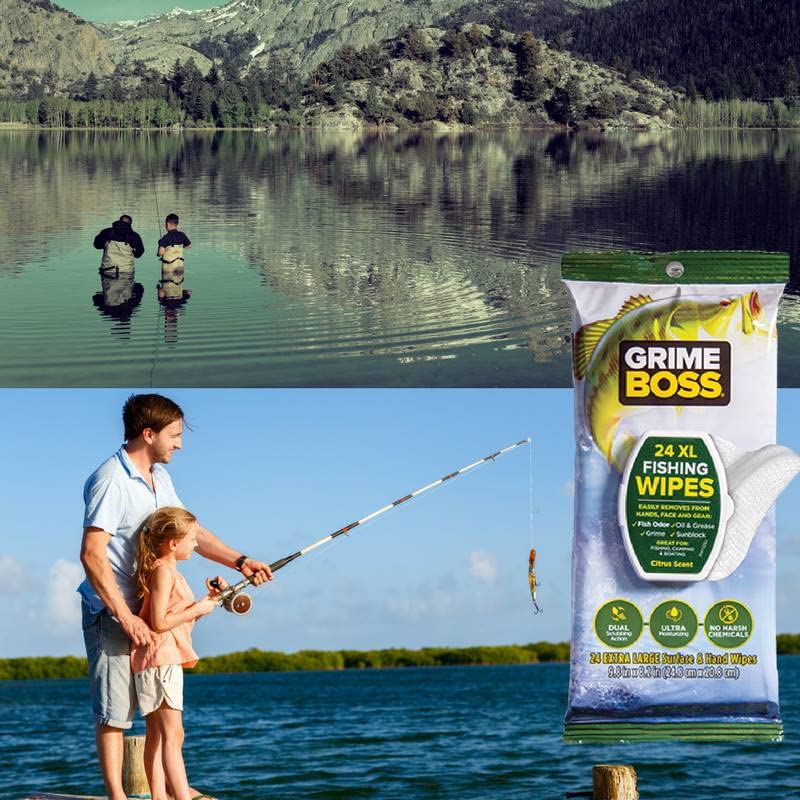 Grime Boss Fishing Wipes (5 Packs of 24 Count) - Heavy Duty Hand & Gear Cleaning Wipes for Anglers - Removes Dirt, Oil & Fish Odor from Hands, Rods, Reels & Tackle Boxes - Perfect for Freshwater & Saltwater Fishing Trips