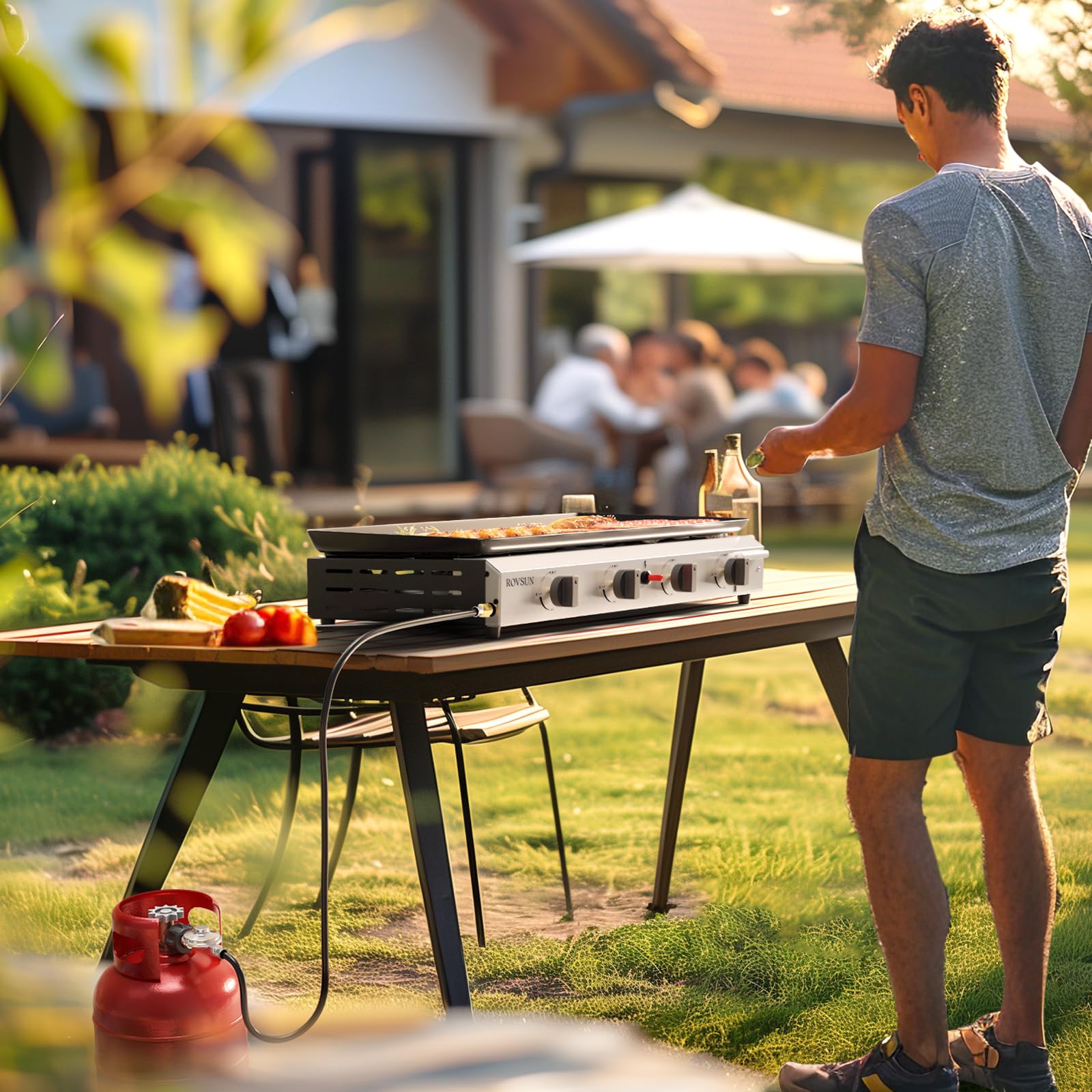 Bonnlo 4 Burner Portable Tabletop Griddle - 40,000 BTU Gas Grill with Non-Stick Surface, Stainless Steel Plate, Electronic Ignition & Regulator | Perfect for Outdoor Cooking, Camping, BBQ, Tailgating, Backyard Parties & Picnics