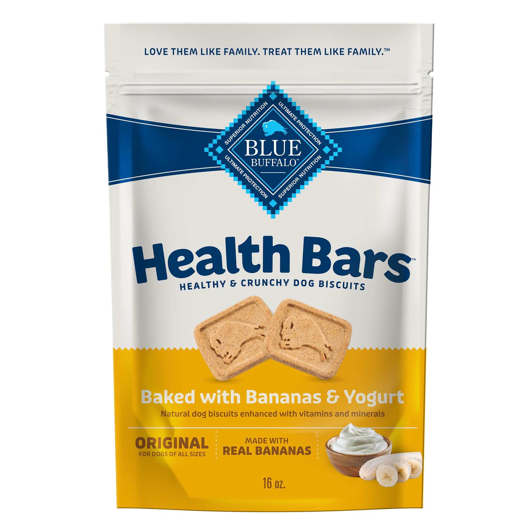Blue Buffalo Health Bars Crunchy Dog Biscuits – Natural Oven-Baked Dog Treats with Bananas & Yogurt, 16oz Bag – Perfect for Training Rewards & Healthy Snacking