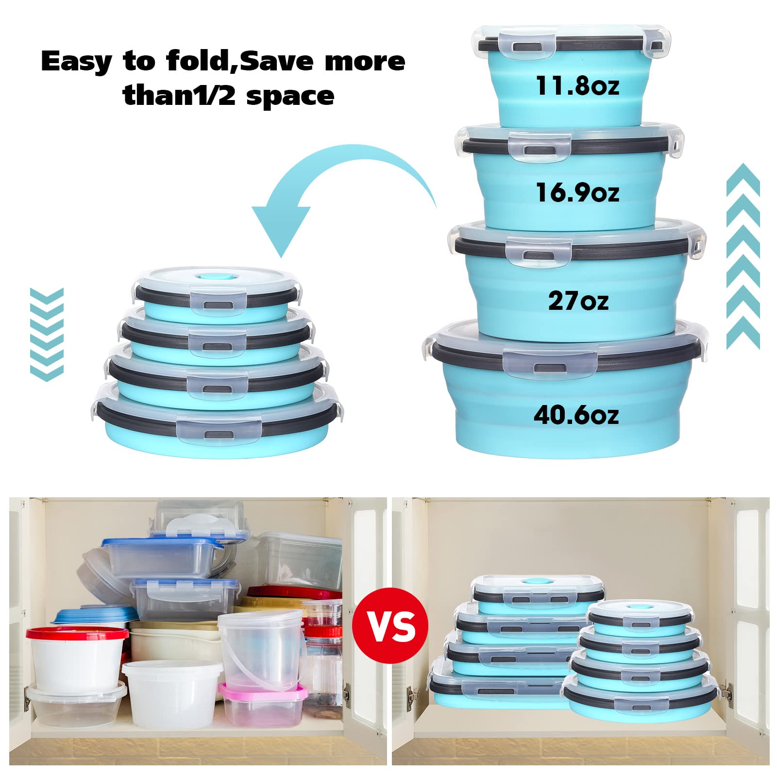 8-Piece Collapsible Food Storage Containers Set - Foldable Silicone Lunch Boxes with Lids (4 Rectangular & 4 Round Bowls) | Microwave, Freezer & Dishwasher Safe | Perfect for Meal Prep, Camping & Office Lunch Storage