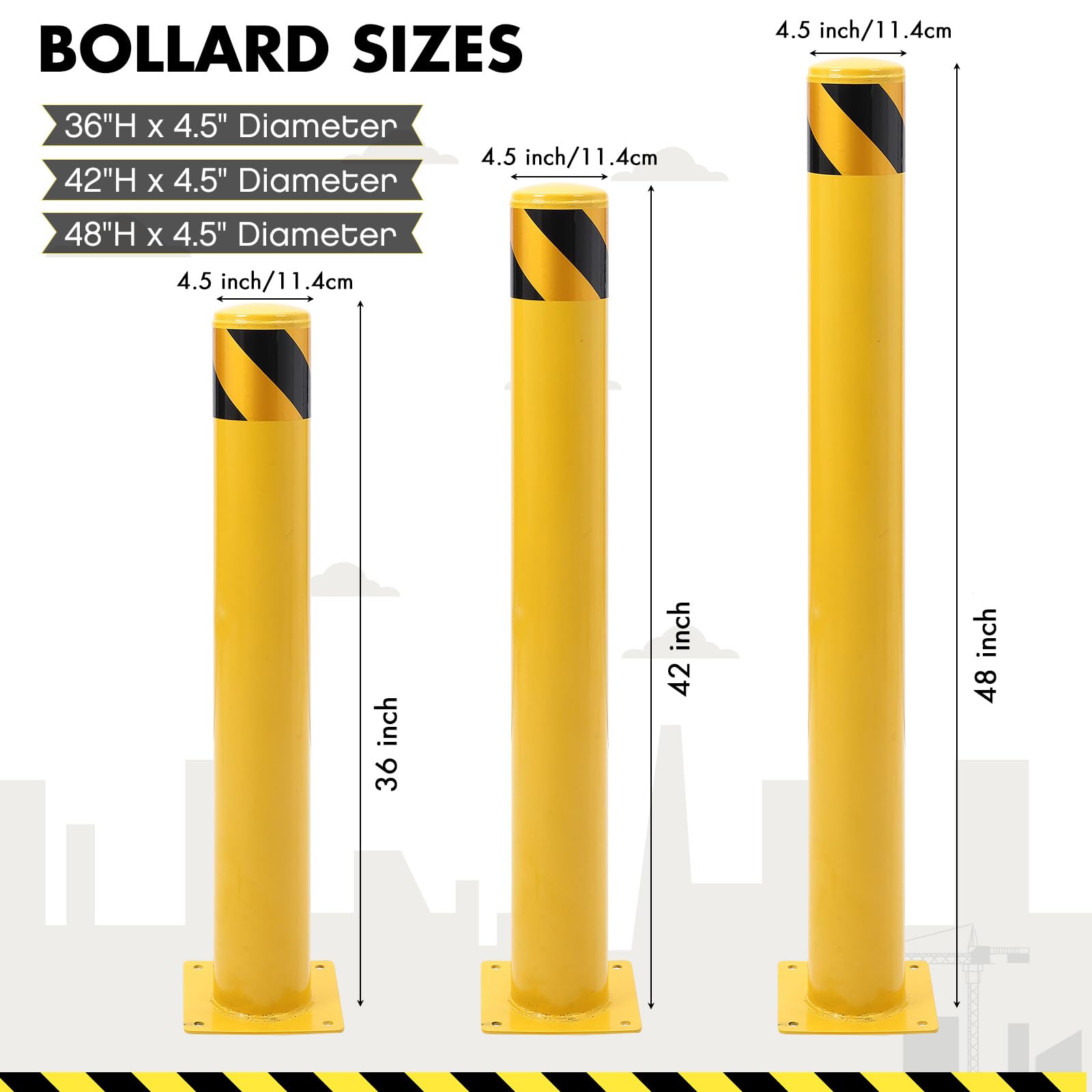 42 x 4.5 Inch Heavy Duty Removable Steel Safety Bollard Posts - Yellow Parking Barriers (6 Pack) for Driveway, Warehouse & Traffic Control