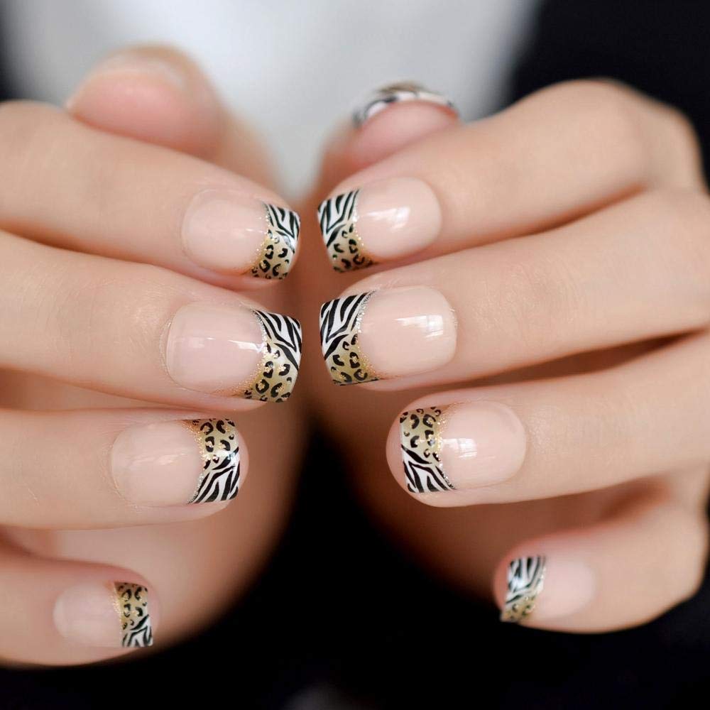 HUJL False Nails - 24pcs French Natural Fake Nails with Adhesive Guide, Classic Leopard & Zebra Pattern Nail Art - Perfect for Parties, Weddings & Daily Wear