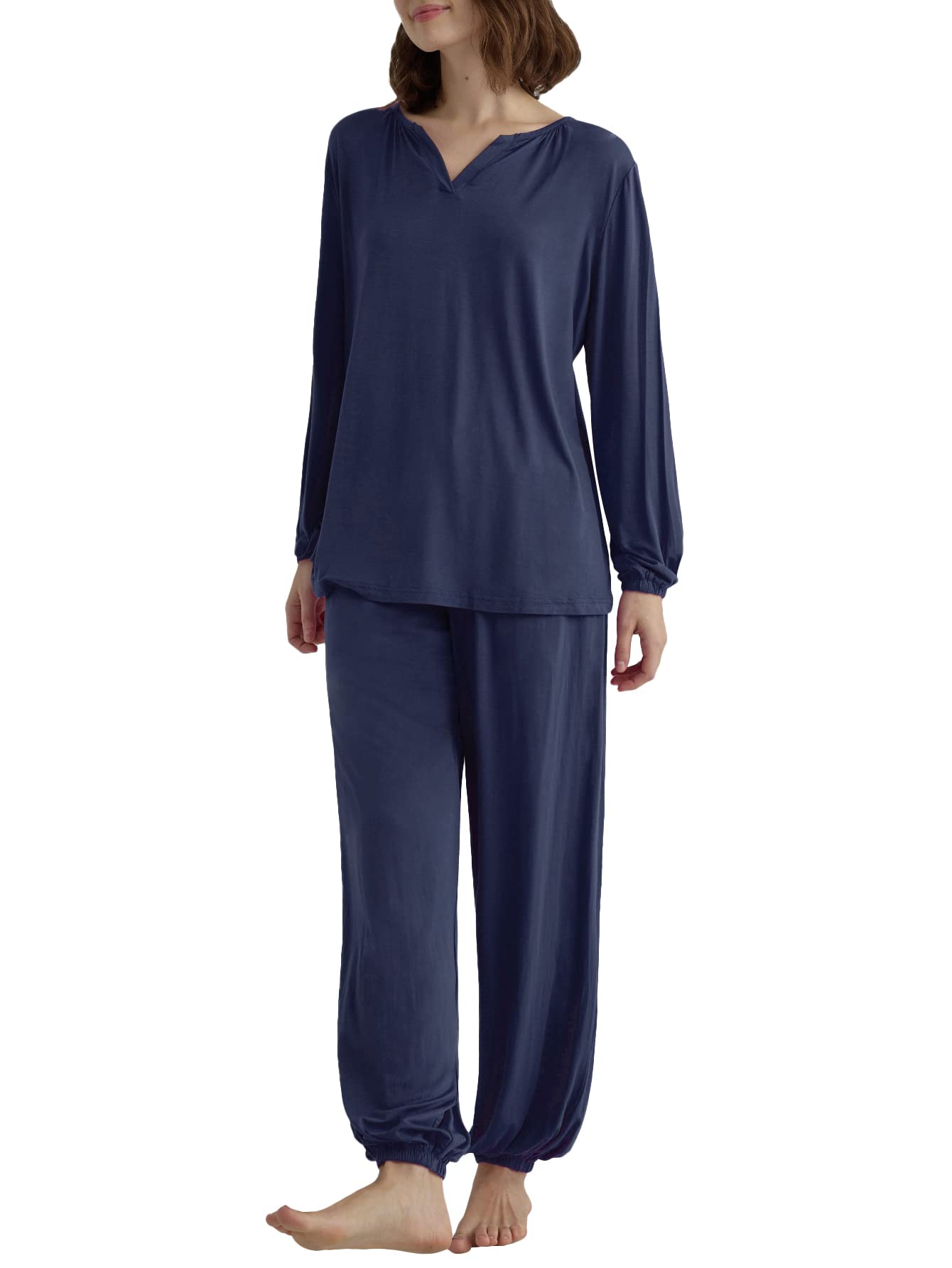 Comfortable Women's Viscose Palazzo Lounge Pants & Long Sleeve Pajama Set - Soft Sleepwear for Relaxing at Home, Lounging & Travel