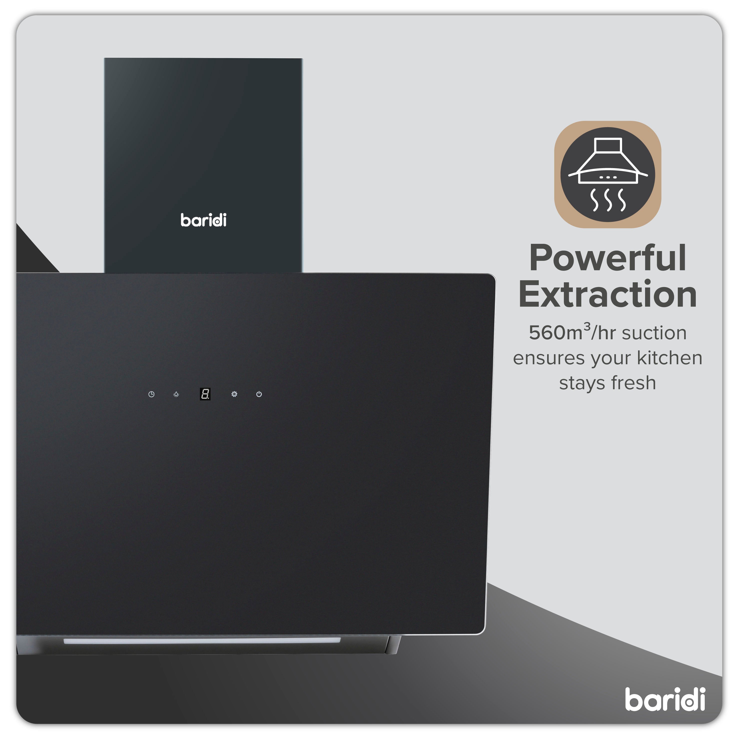 Baridi 60cm Angled Chimney Range Hood with Carbon Filters - Touch Control & LED Lighting - Black Glass Kitchen Exhaust Fan - Perfect for Modern Kitchens, Apartments & Open-Plan Homes (Model DH105)