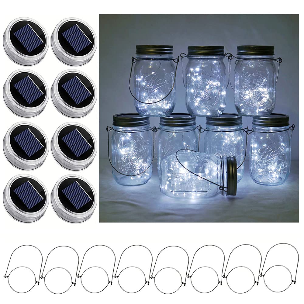 Decorman Solar Mason Jar Lights - 8 Pack Waterproof Fairy Star Firefly String Lights with Hangers for Outdoor Patio, Yard, Garden, Party, Wedding & Christmas Decor (Jars Not Included) - Perfect for Romantic Ambiance, Backyard Lighting & Holiday Displays