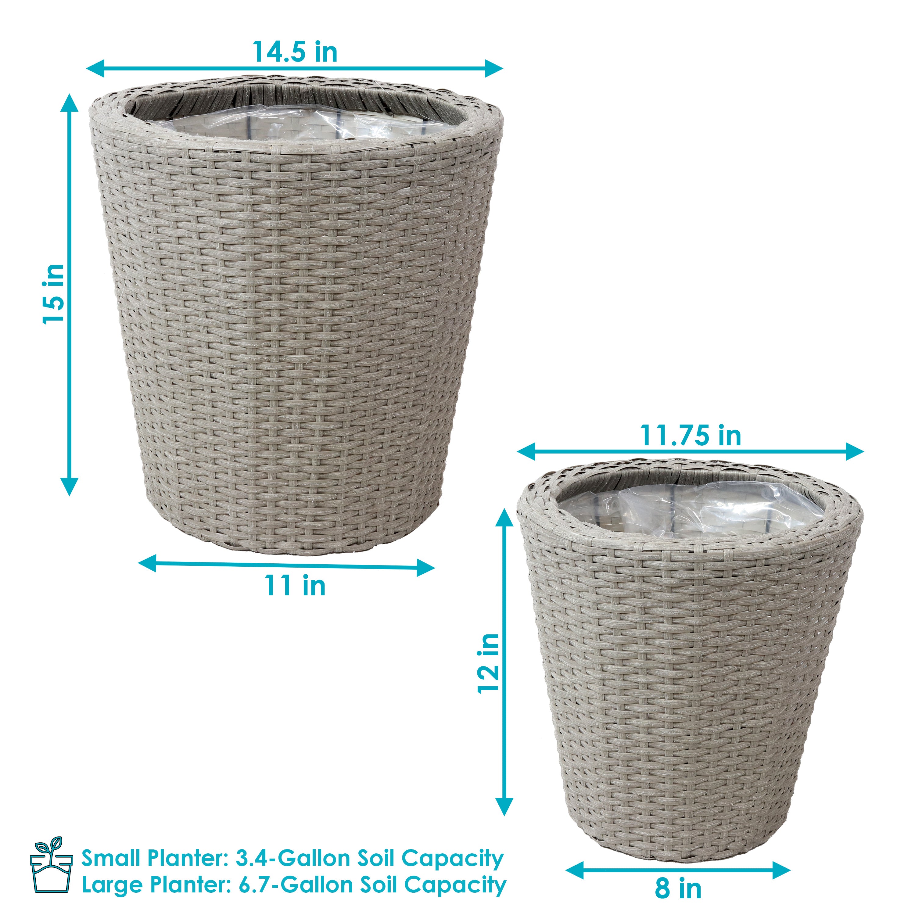 Sunnydaze Round Polyrattan Indoor Planters Set - 1 Large & 1 Small Modern Decorative Flower Pots for Home, Office, Living Room, Balcony Decor - Perfect for Succulents, Herbs & Houseplants