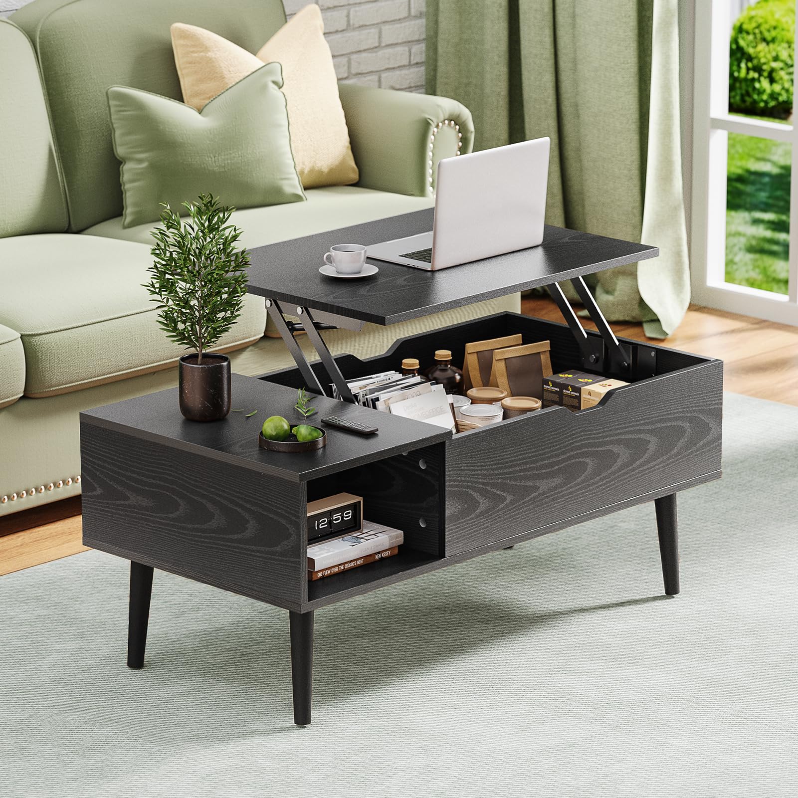 Wood Lift Top Coffee Table, Hidden Compartment and Large Storage Shelf, Versatile for Living Room, Home Office, and Dining, Black Finish