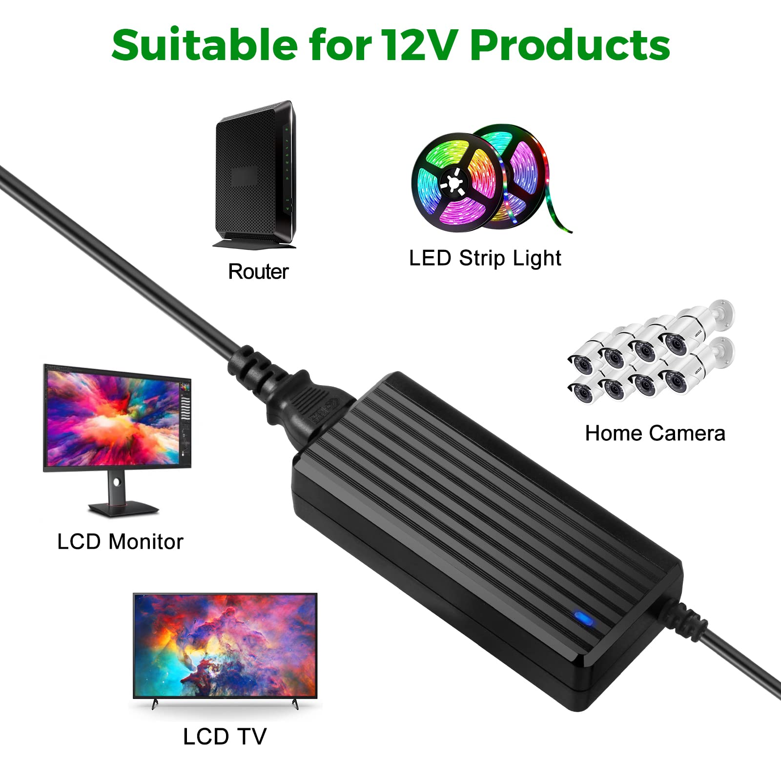 12V 5A Power Supply Adapter - AC 100-240V to DC 12 Volt 60W Converter with 4-Way Splitter Cable - for LED Strip Lights, CCTV Cameras & Security Systems - Perfect for Home, Office & Commercial Lighting Installations