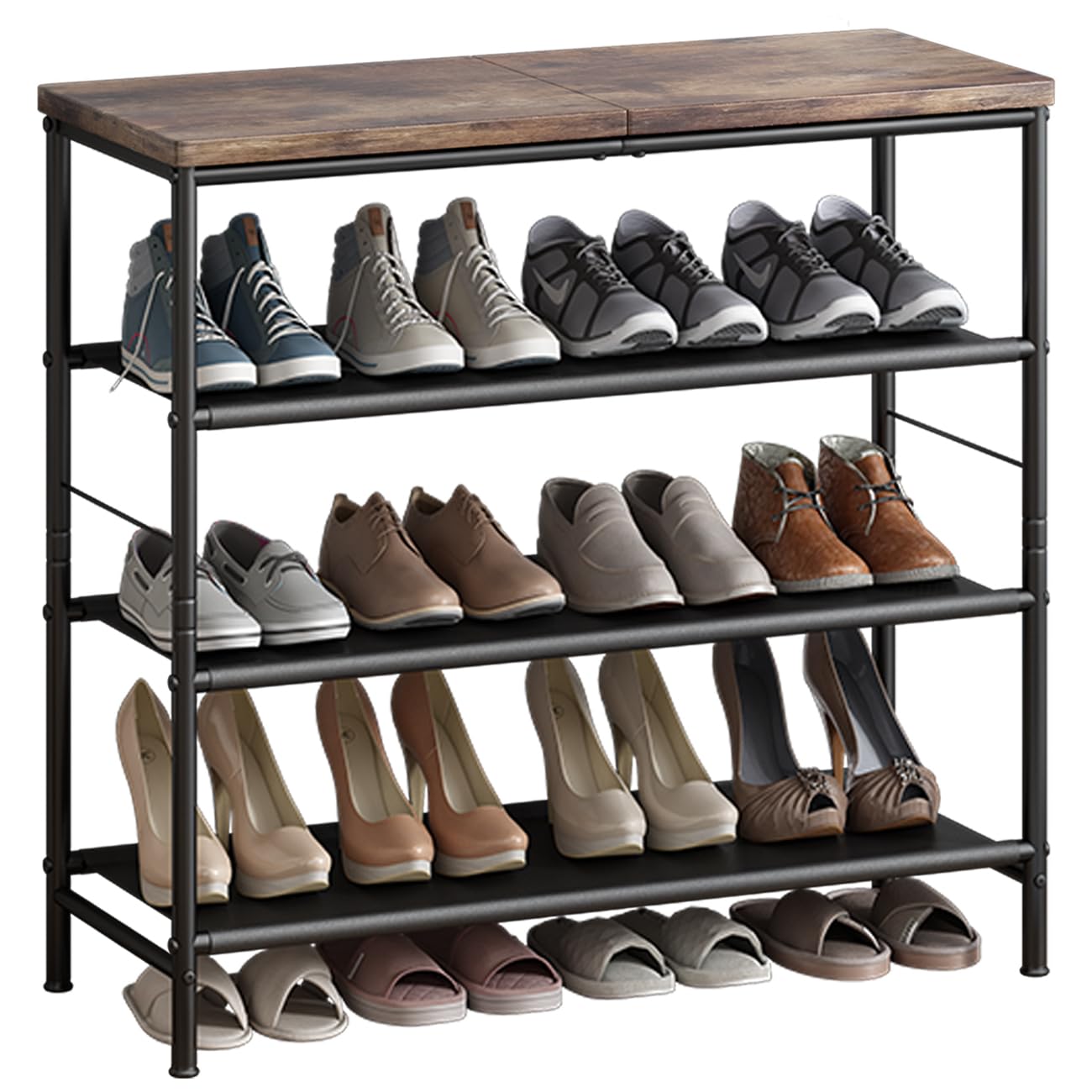4-Tier Metal Shoe Rack Organizer with Industrial MDF Board & Fabric Layers - Space Saving Entryway Closet Storage Shelf for Bedroom, Living Room, Garage (Black & Rustic Brown) - Perfect for Organizing Shoes, Boots, and Home Decor in Small Spaces