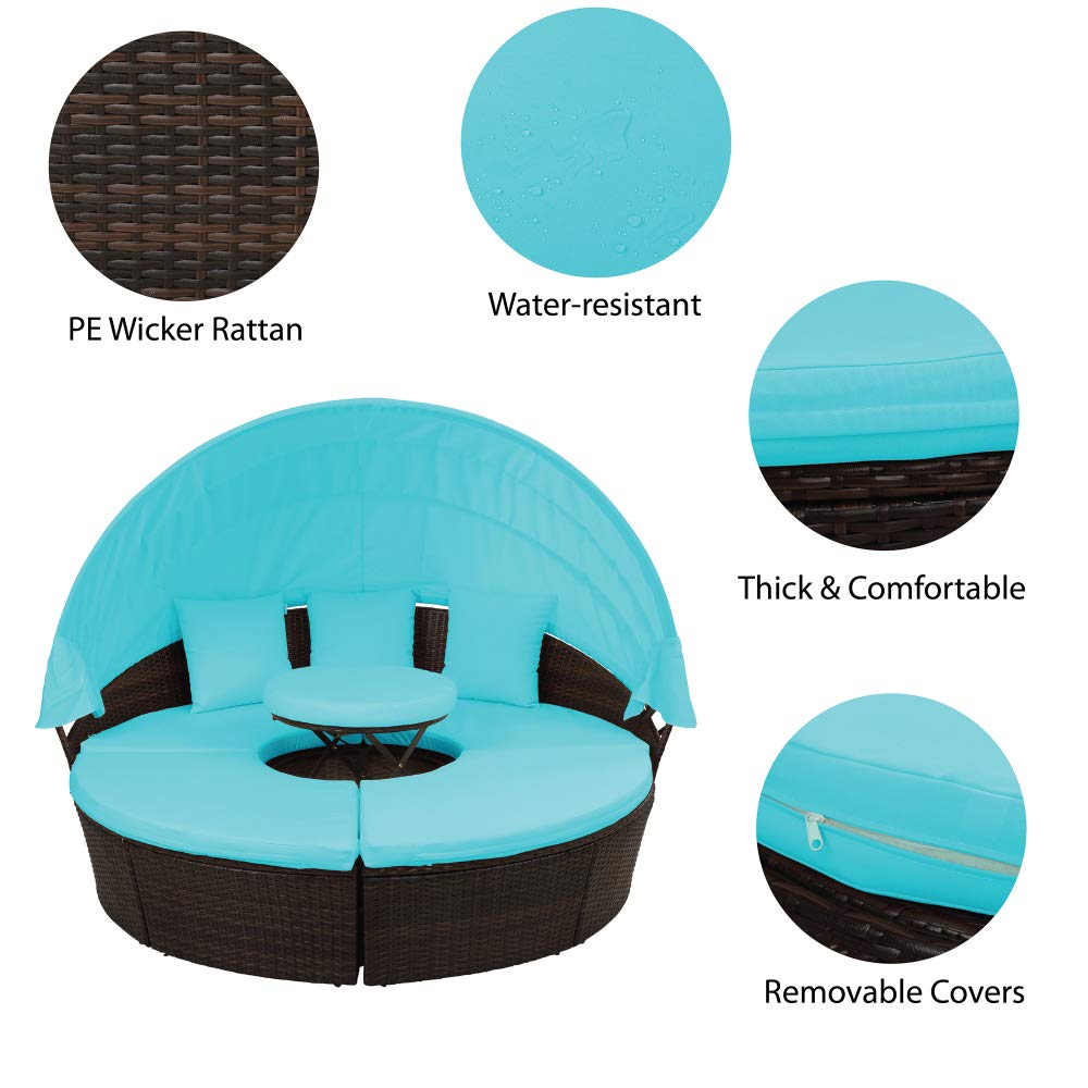 **MJcoffee Round Patio Furniture Set - Outdoor Sectional Sofa with Rattan Daybed, Sunbed & Adjustable Table - Removable Cushions & Retractable Canopy (Blue) - Perfect for Poolside, Garden, or Backyard Relaxation**