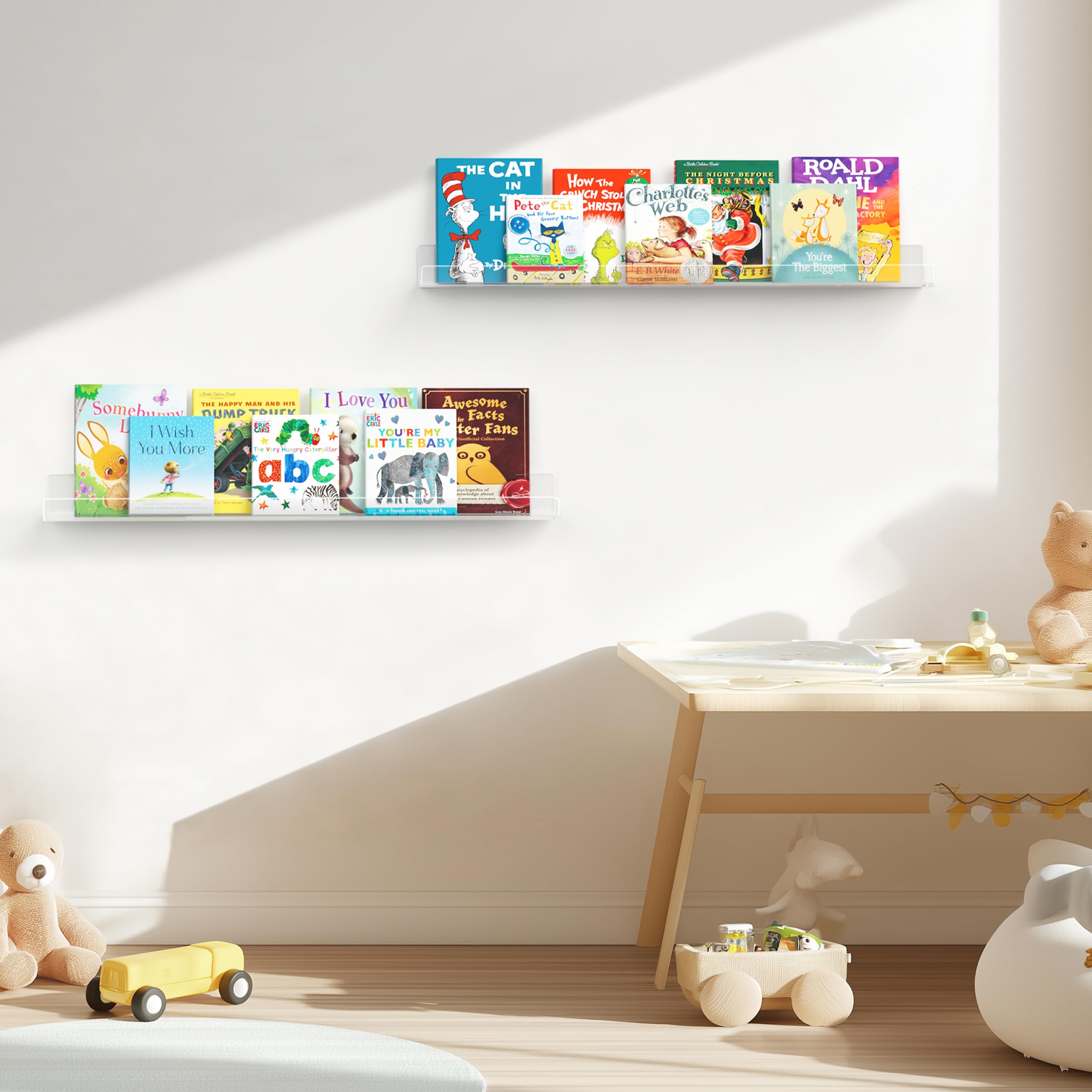HBlife Acrylic Clear Floating Shelves Set of 2 - 36 Inch Wall Mounted Picture Ledge for Displaying Books, Photo Frames & Decor - Perfect for Living Room, Bedroom, Office & Nursery Organization