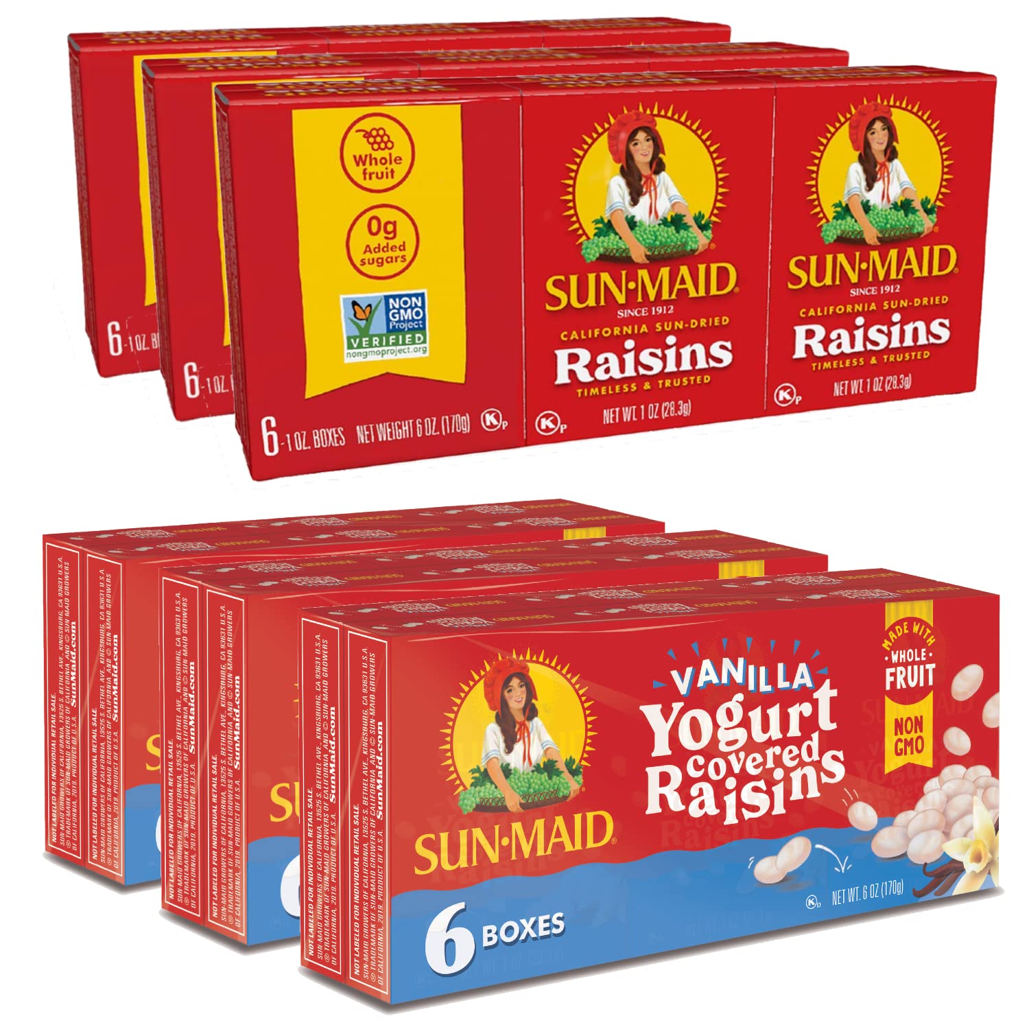 Sun-Maid California Sun-Dried Raisins & Vanilla Yogurt Coated Raisins (6 Pack) - Healthy Dried Fruit Snacks for Kids & Adults | Perfect for Lunch Boxes, Office Snacks & On-the-Go Energy Boost