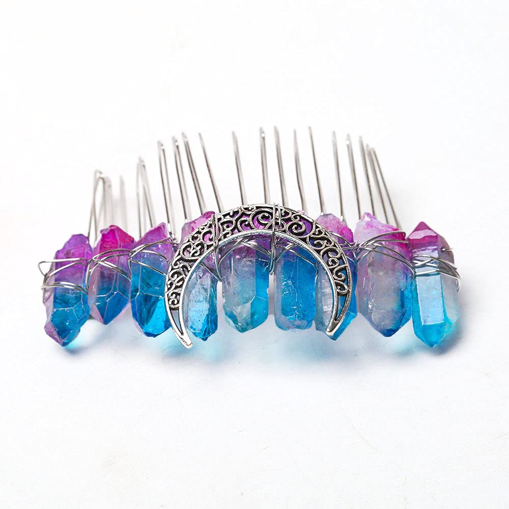 Natural Crystal Hair Comb for Women - Aura Amethyst & Blue Bridal Wedding Headpiece, Hairpin & Hair Clip for Side Styling | Perfect for Weddings, Prom & Special Occasions