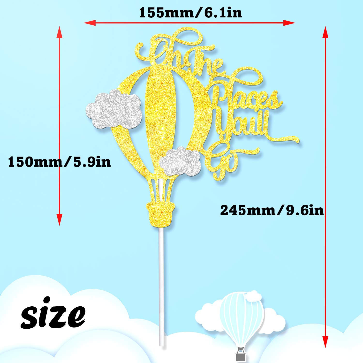 Gold Glitter Hot Air Balloon Cake Topper - Happy Birthday Party Decorations for Baby Showers, Birthdays & Travel Themed Celebrations | Perfect for Dessert Tables, Cupcake Decor & Gift Presentations