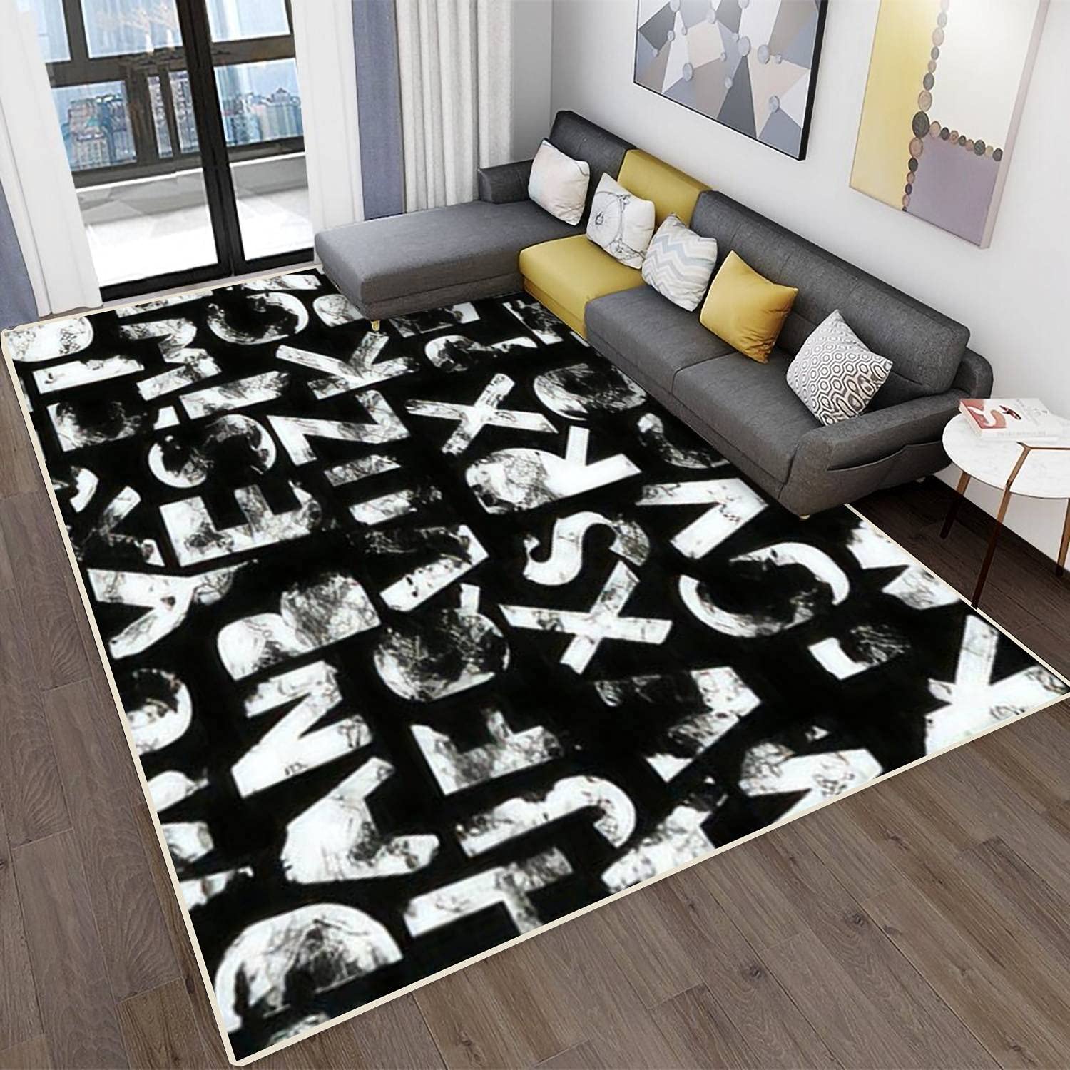 Modern Abstract Area Rugs - Vintage Seamless Pattern with Cute Alphabet Design - Stain Resistant Non-Slip Carpet Mat for Living Room, Bedroom, Kitchen & Bathroom - Soft Rectangular Home Decor Rug Perfect for Cozy Spaces and High-Traffic Areas