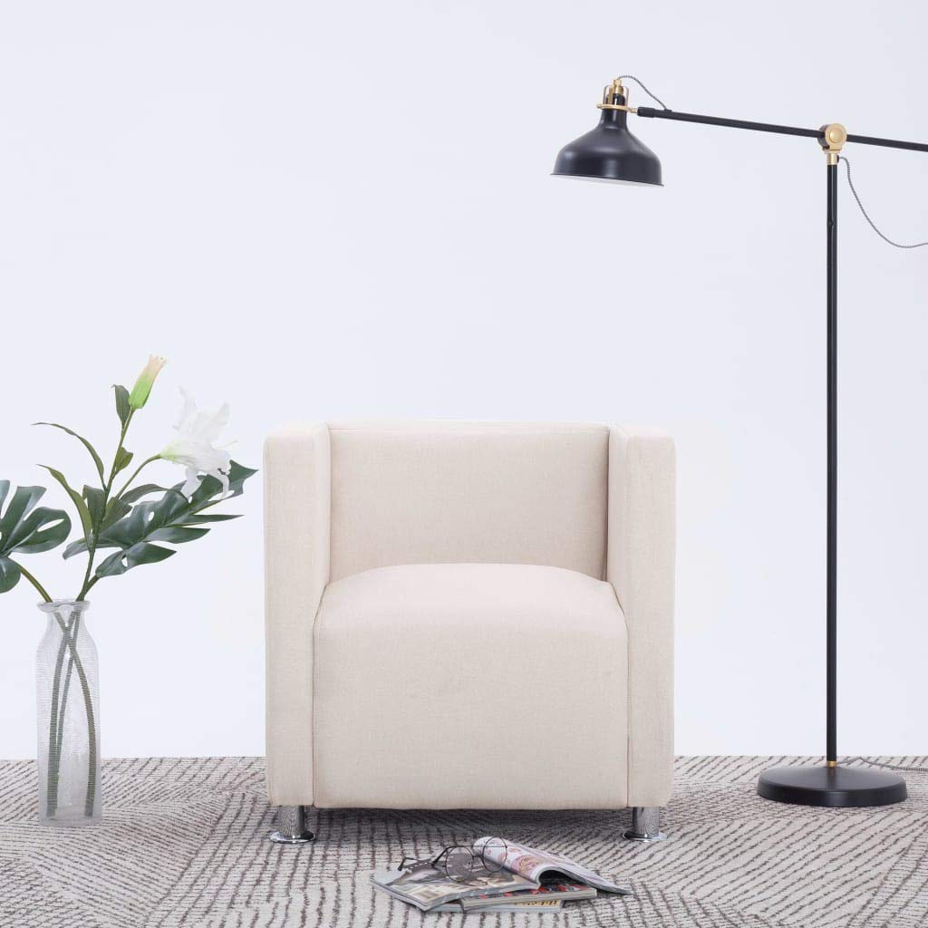 Modern Cube Armchair - Padded Recliner Chair with Cream Fabric for Living Room, Home Theater & Lounge Seating | Comfortable Single Sofa Chair for Relaxation & Entertainment Spaces