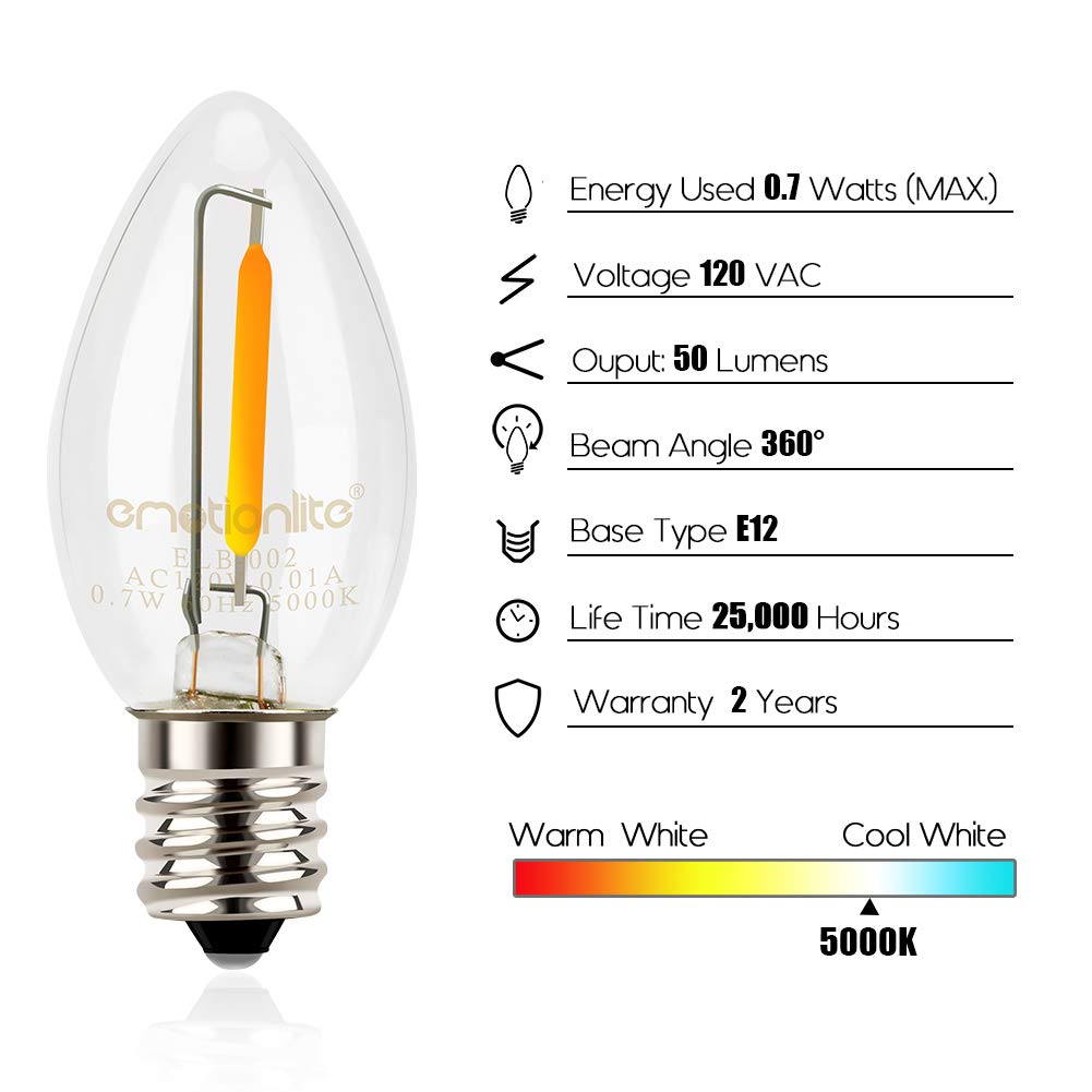 Emotionlite C7 Candelabra LED Light Bulbs - 4W 5W 6W 7W Equivalent, E12 Base, 5000K Neutral White, Clear Glass, 4 Pack - Perfect for Night Lights, Chandeliers, and Decorative Lighting