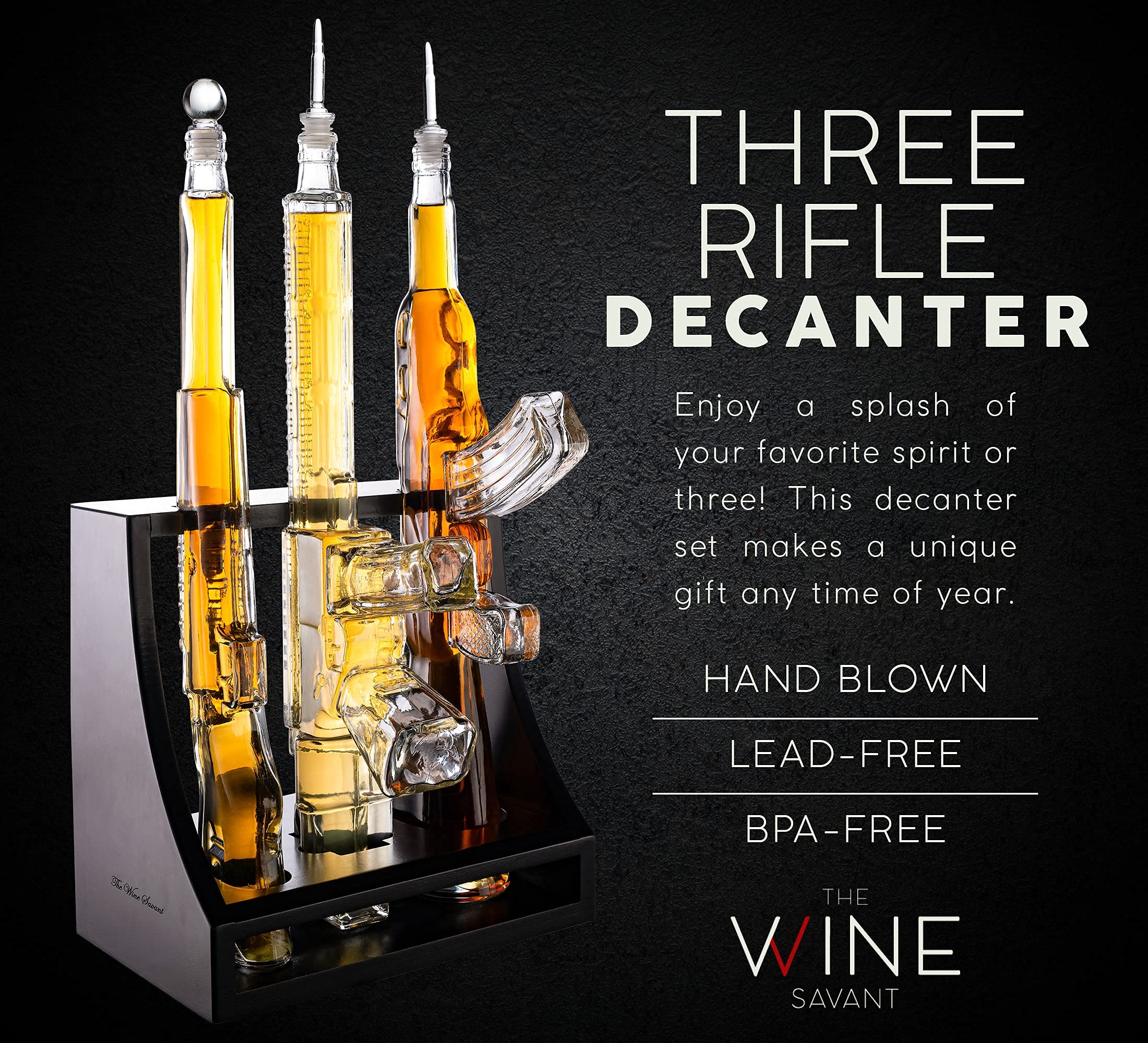 AR15 AK47 Rifle Whiskey Decanter Set with Display Rack - 3 Piece Gun Shaped Liquor Dispenser for Home Bar | Unique Gifts for Men, Dad, Husband, Veterans & Military | Perfect for Birthday, Anniversary & Whiskey Enthusiasts