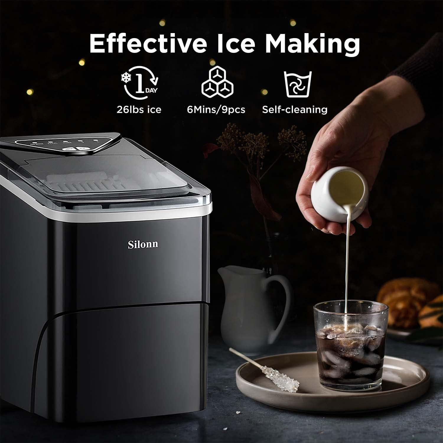 Silonn Portable Countertop Ice Maker Machine - 26lbs/24Hrs, Auto-Cleaning, 2 Ice Size Options (Bullet Ice) for Home, Kitchen, Office, Bar & Parties | Perfect for Cocktails, Beverages & Outdoor Events - Black