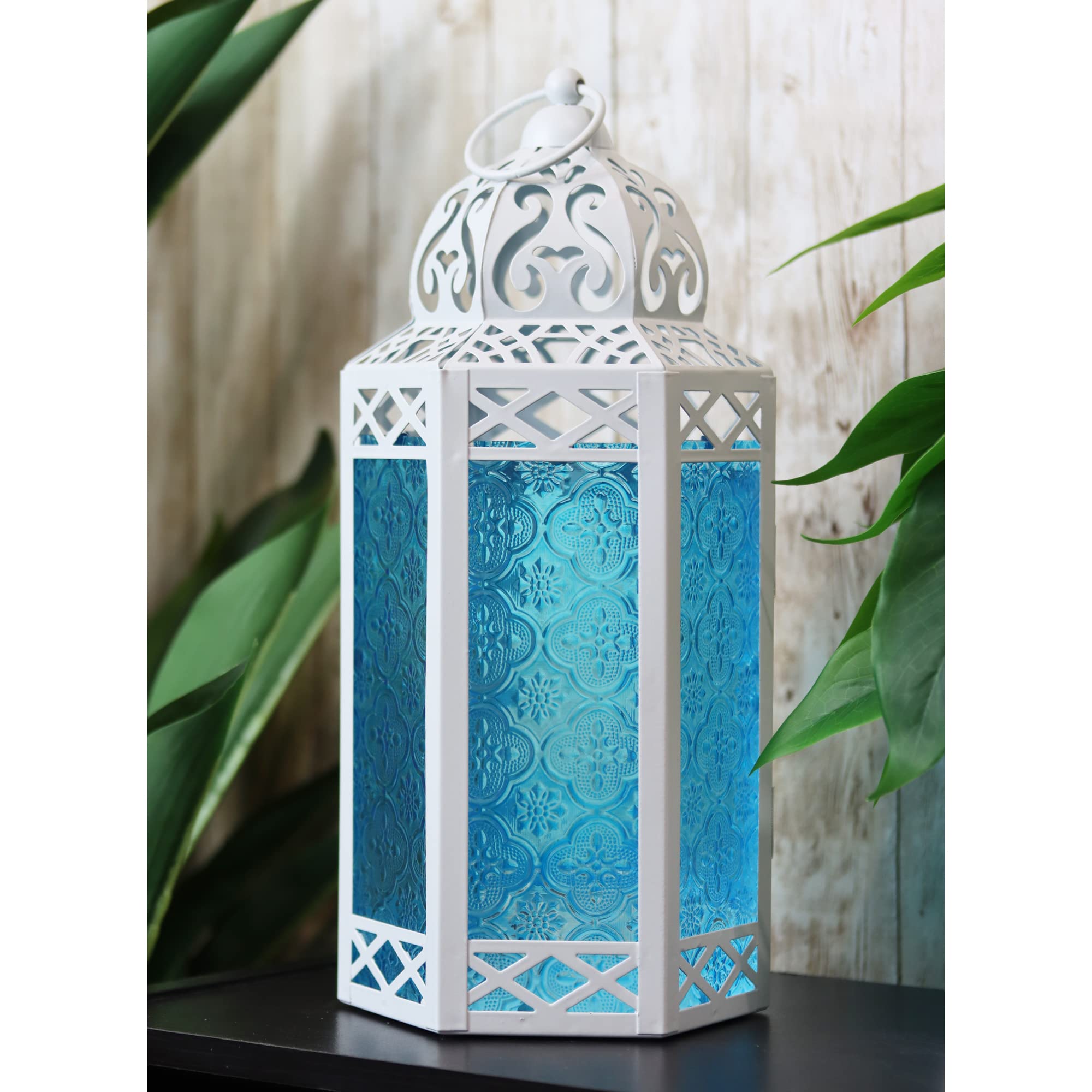 White Metal Moroccan Decorative Candle Lantern Holder with Blue Glass - Set of 12 for Patio, Garden, Wedding & Home Decor | Indoor Outdoor Hanging Lanterns for Romantic Ambiance, Parties & Special Events