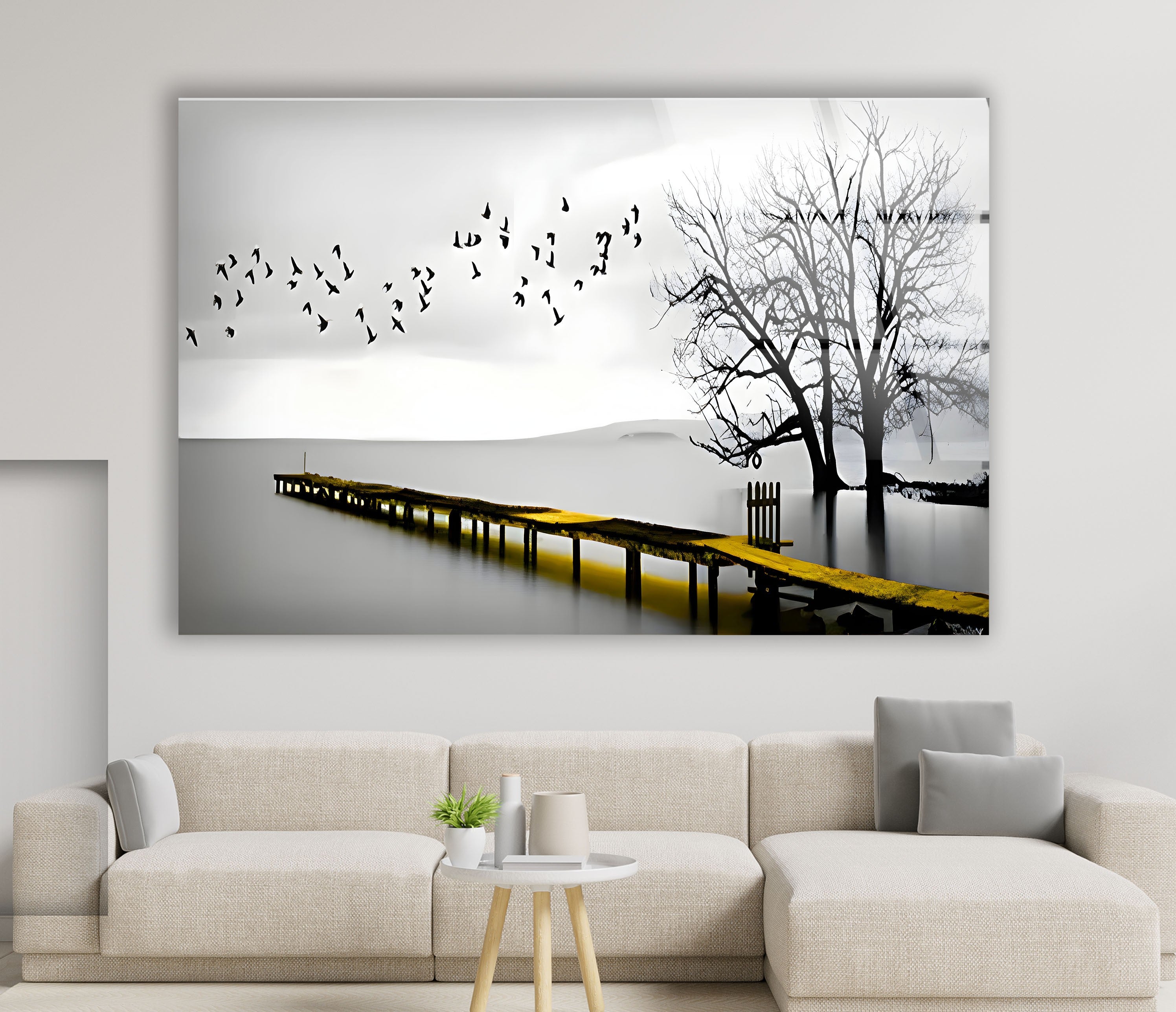 Black and White Dock & Birds Glass Wall Art - Elegant Coastal Decor for Living Room, Bedroom, or Office
