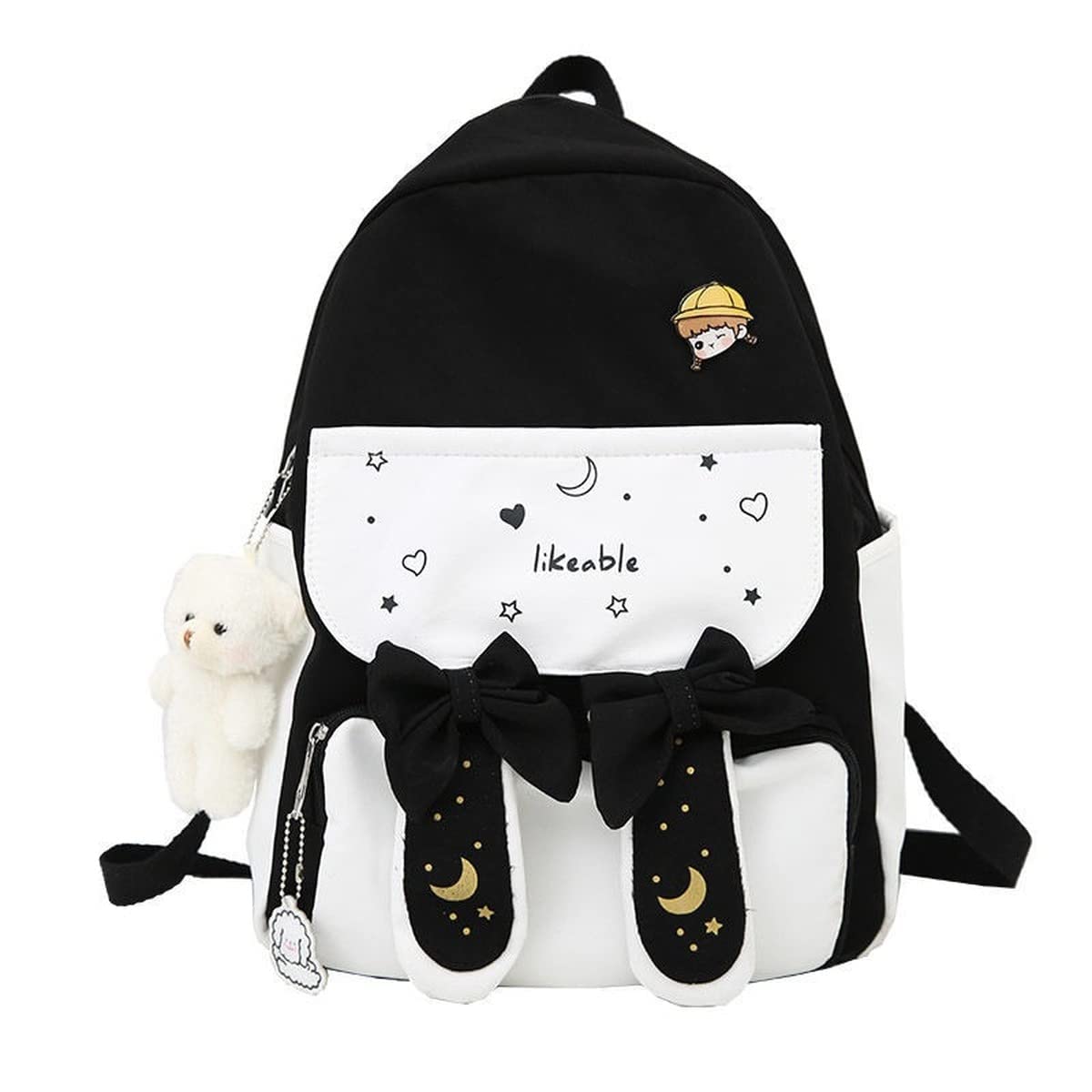 Kawaii Bunny Ear Backpack with Cute Bear Pendant - Stylish School Bag for Girls, Book Bag for Teens, Travel Backpack for Students (Black, Large) - Perfect for School, College, Travel & Cosplay