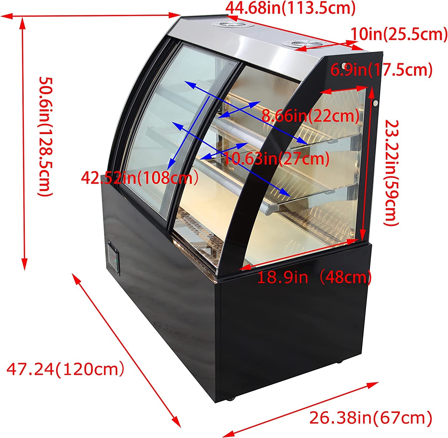 220V 47 Inch Glass Refrigerated Display Case for Bakery - Arc-Shaped Front Door Commercial Refrigerator for Cakes, Pies, Pastries & Desserts - Perfect for Bakeries, Cafes, Restaurants & Sweet Shops