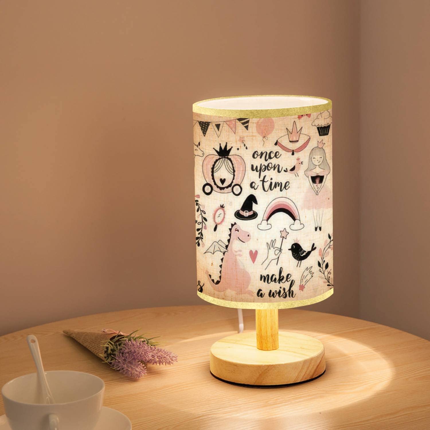 Minimalist Wooden Nightstand Lamp with Princess Design, Calligraphy & Crown Icons - Flaxen Fabric Shade for Bedroom, Living Room, Nursery | Perfect for Reading, Relaxing & Creating Cozy Ambiance