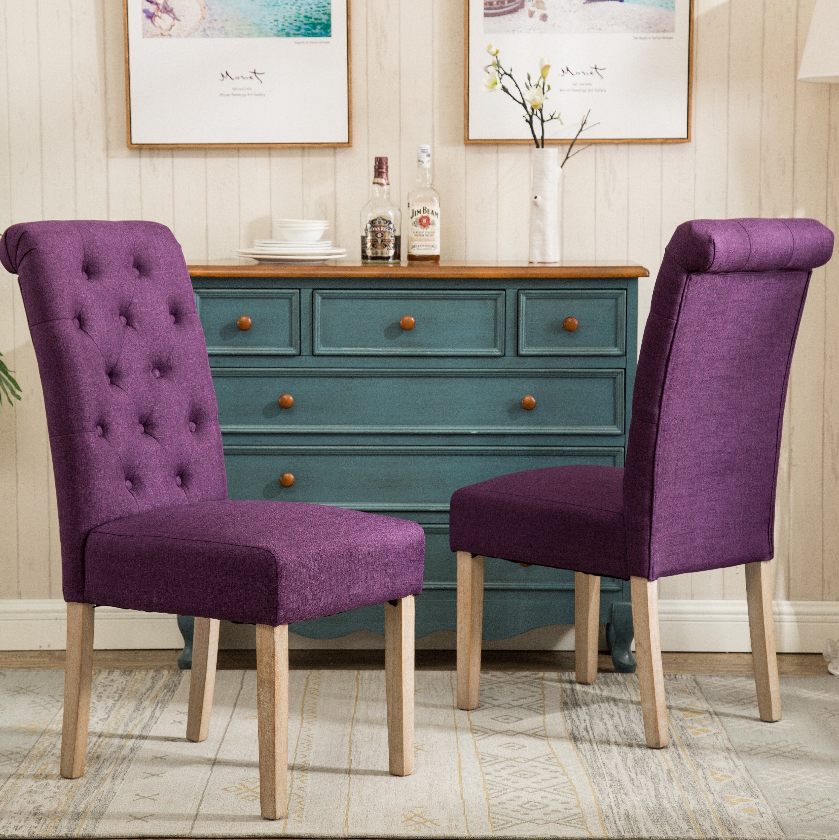 Roundhill Furniture Habit Solid Wood Tufted Parsons Dining Chair - Set of 2, Purple Upholstery, Modern Kitchen & Dining Room Furniture for Home Decor