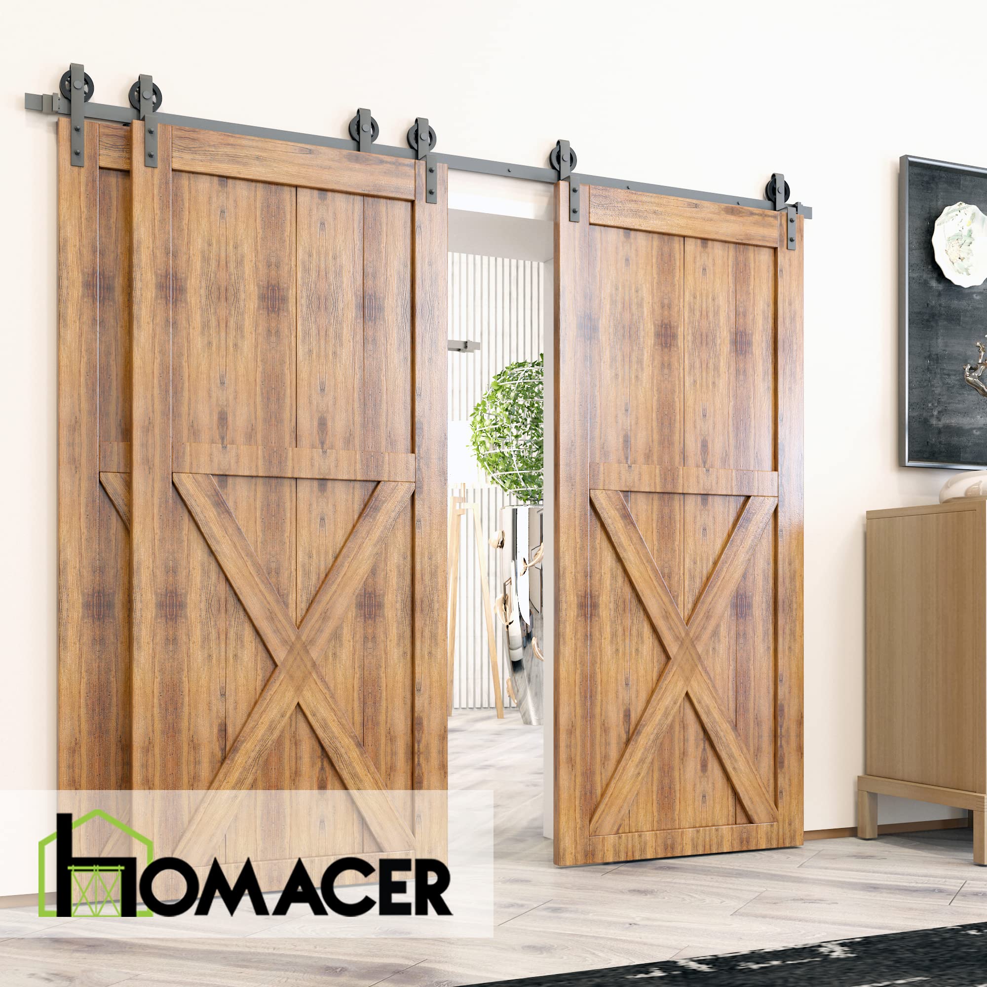 Homacer Black Rustic Single Track Bypass Sliding Barn Door Hardware Kit - 18ft Long Flat Track with Spoke Wheel Design Rollers (1 Flat + 2 Bent Roller Set) - Perfect for Farmhouse, Loft & Interior Barn Doors