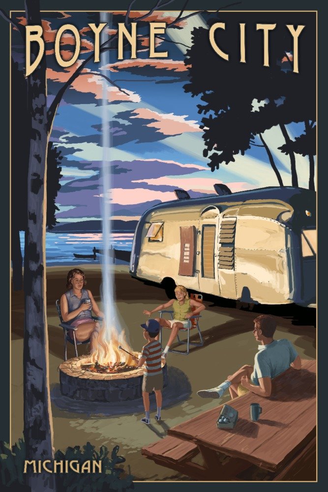 Vintage Boyne City Michigan Retro Camper and Lake 82055 Art Print - Signed 24x36 Wall Decor Poster for Home, Office, or Cabin - Perfect for Lake House, RV Enthusiasts & Travel Lovers
