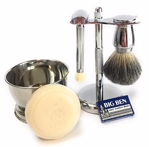 Premium G.B.S Men’s Shaving Kit - Adjustable Double Edge Safety Razor with Badger Hair Brush, Chrome Stand & Bowl, Natural Shaving Soap & Blades - Perfect Gift for Wet Shaving Enthusiasts & Beard Grooming Lovers