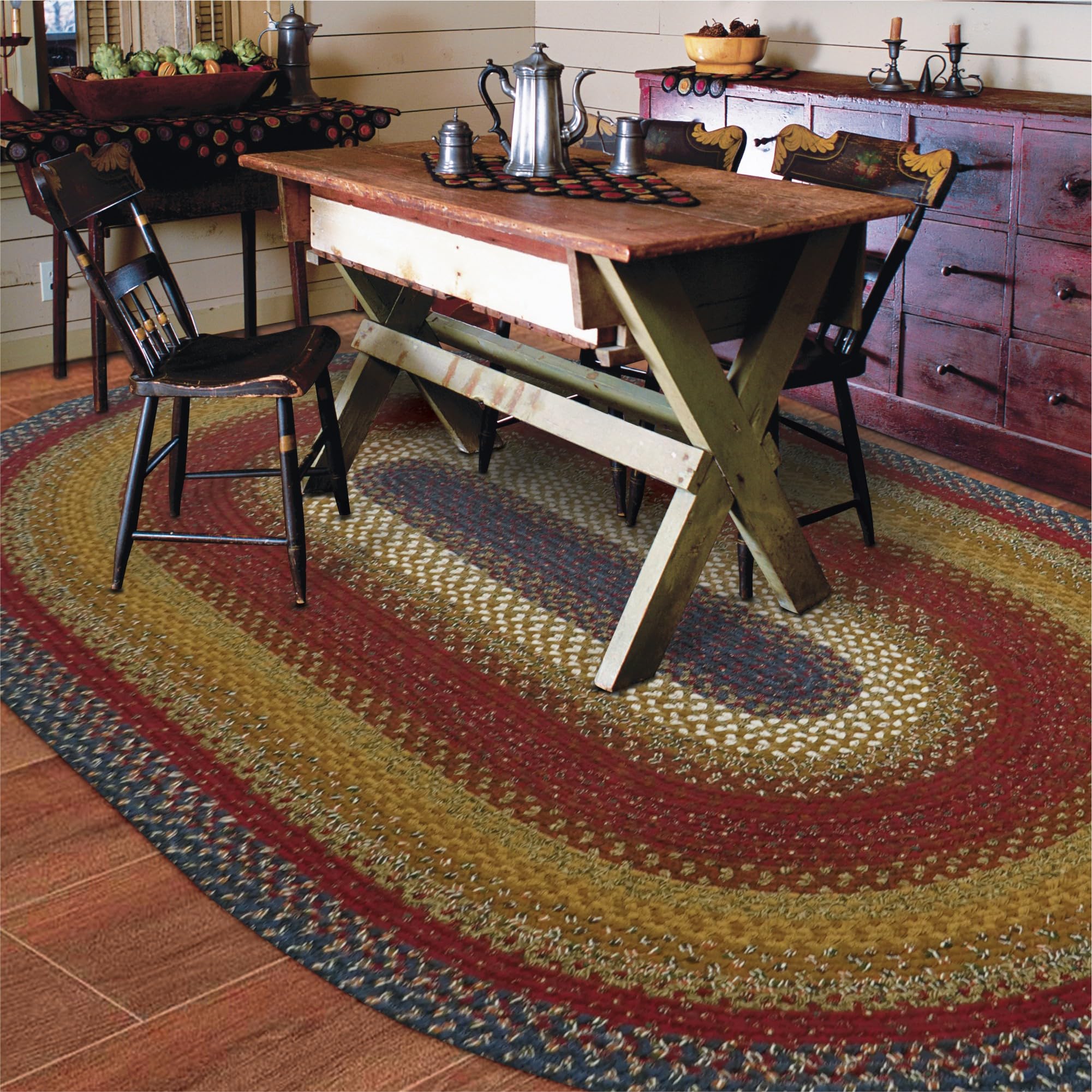 Homespine Log Cabin Step Luxury Braided Rug - Burgundy & Blue Oval Dining Room Rug - Soft Flat Non-Slip - 6x9 Feet - Perfect for Cabin, Farmhouse & Rustic Living Room Decor