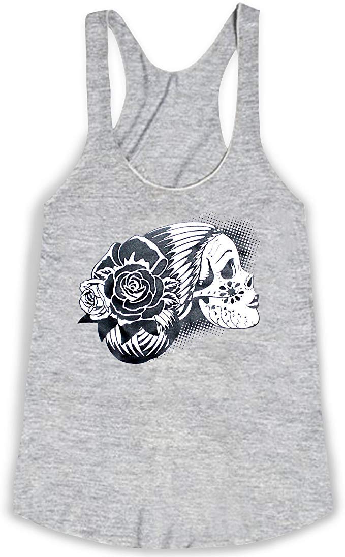 Pins & Bones Women's Retro Day of The Dead Skull Face Graphic Tank Top - Grey, Large | Gothic Fashion, Halloween Costume, Festival Outfit
