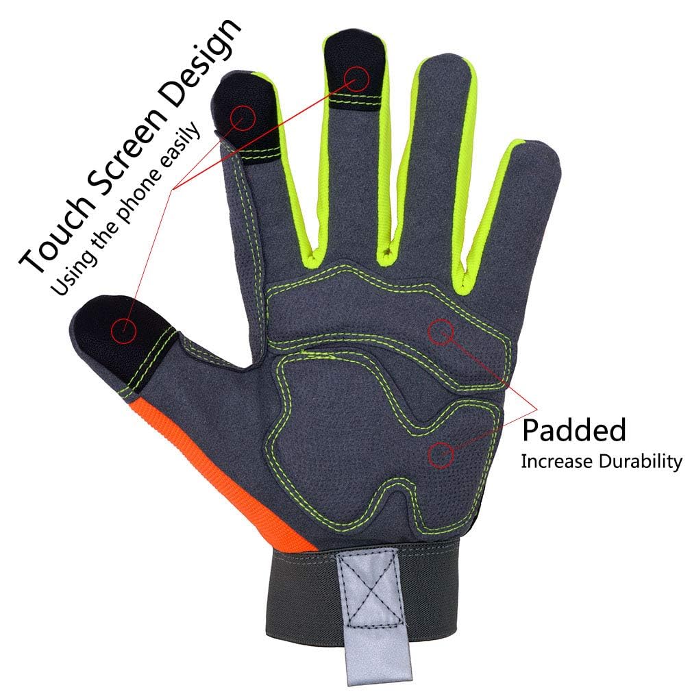 HLDD HANDLANDY High Visibility Safety Work Gloves for Men & Women - Touchscreen Compatible Mechanic Gloves, Durable Utility Gloves (XL, Orange, 10 Pairs) - Perfect for Construction, Warehouse, Automotive & Outdoor Work