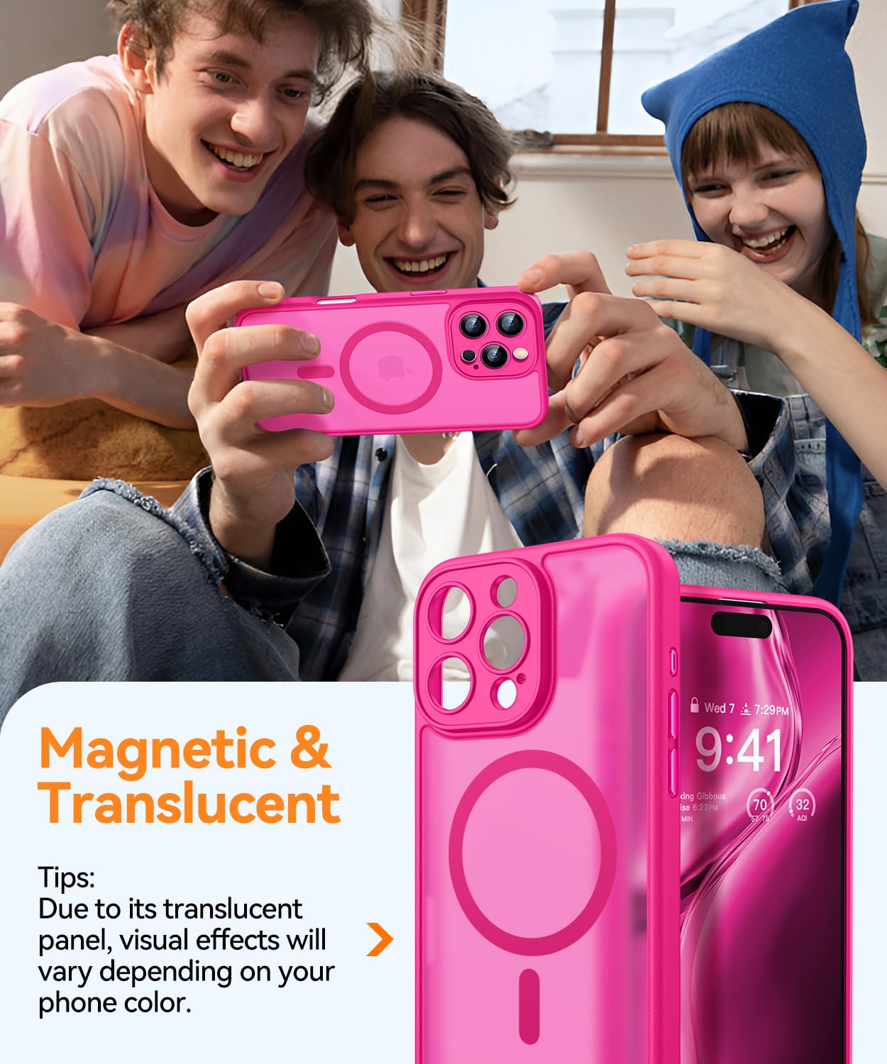 CANSHN Magnetic iPhone 16 Pro Case - Upgraded Full Camera Protection, Magsafe Compatible, Translucent Matte Shockproof Cover | Perfect for Daily Use, Travel & Outdoor Activities (Hot Pink)