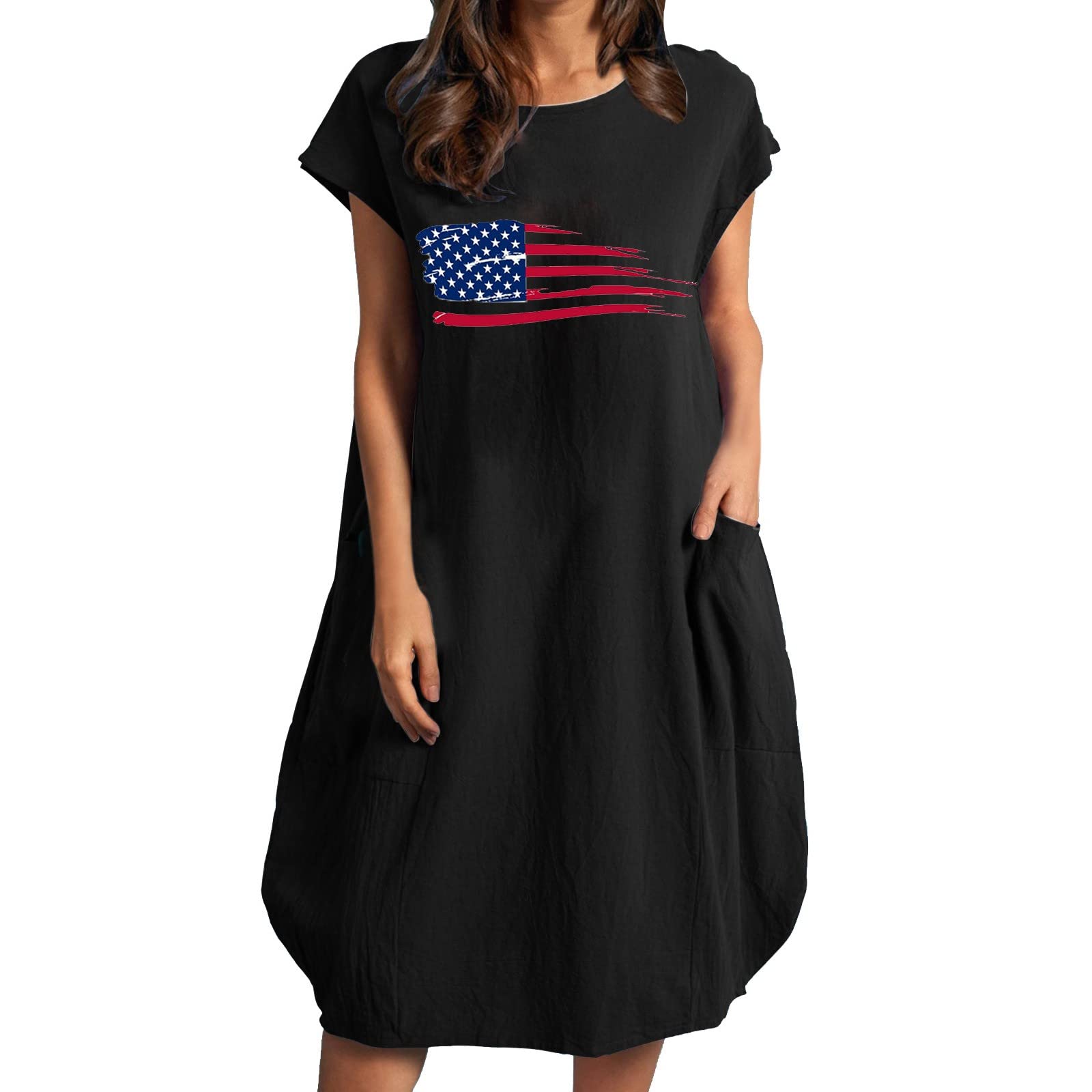 American Flag Printed Casual Summer Dresses for Women - Loose Fit Short Sleeve Round Neck Dress | Perfect for 4th of July, Beach Outings & Summer Parties