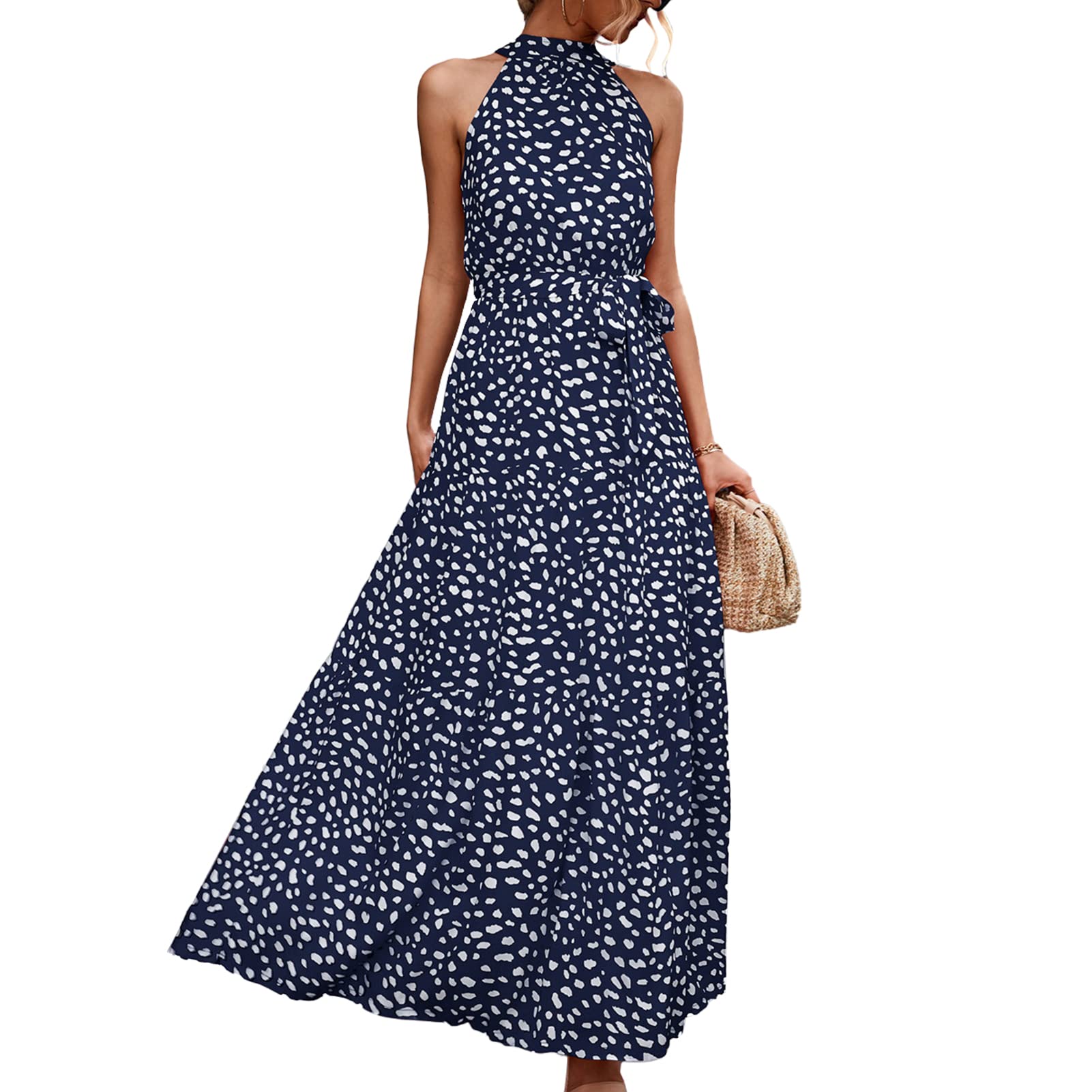 EBTOOLS Polka Dot Backless Summer Dress - Sleeveless Tunic Beach Dress with Belt, Loose & Breathable for Women, Perfect for Outdoor Activities, Vacations & Date Nights (Royal Blue)