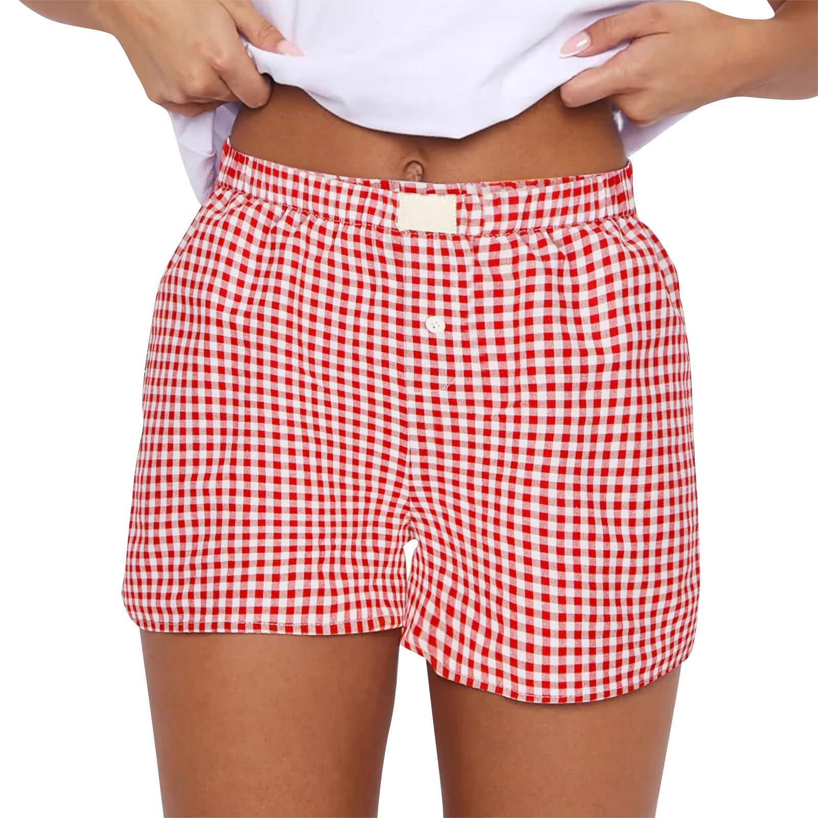 Women's Low Waist Boxer Shorts - Plaid Print Button Front Pajama Bottoms | Y2K Style Gingham Sleep & Lounge Shorts for Comfortable Nightwear and Relaxation at Home