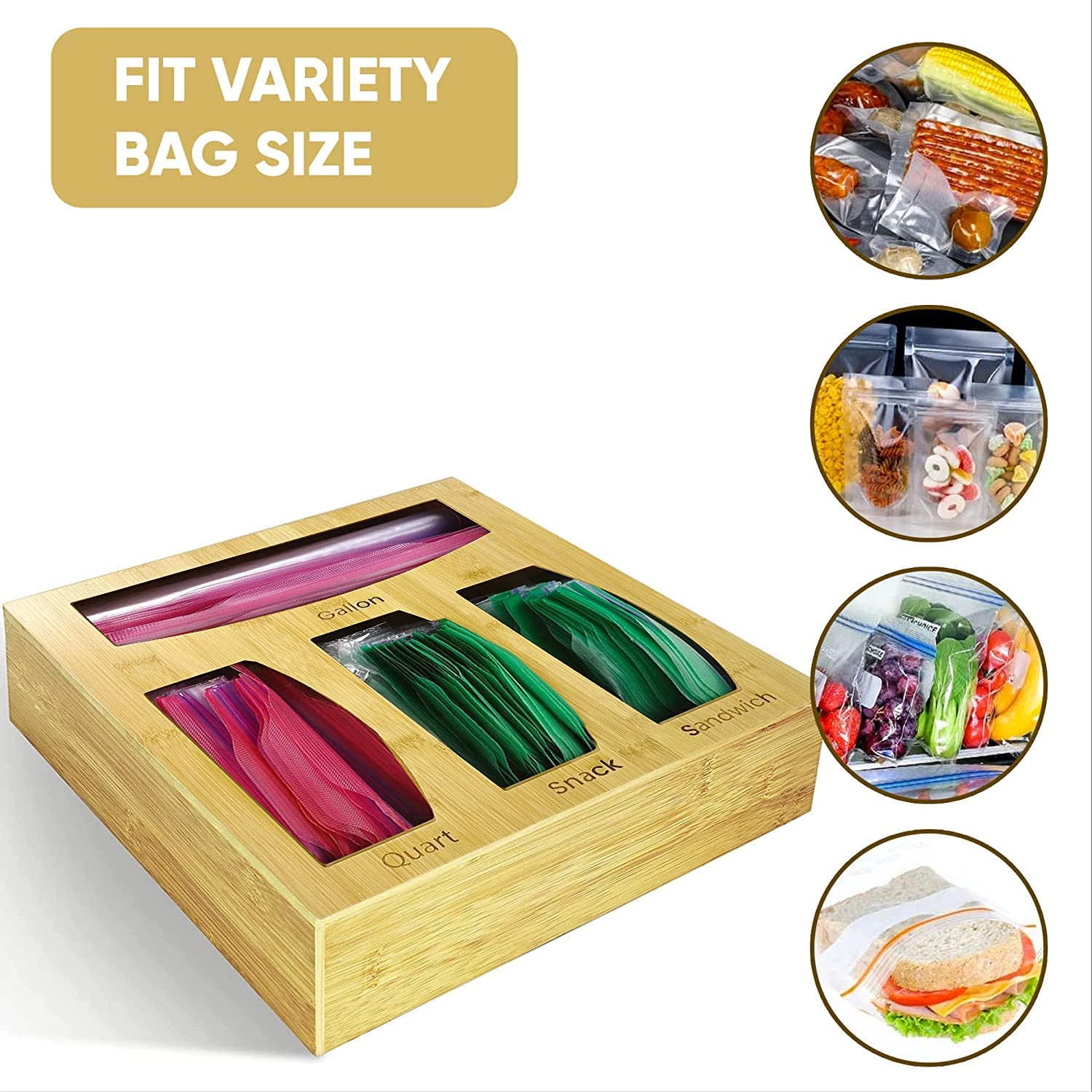 Bamboo Kitchen Drawer Organizer for Food Storage Bags - 4-Slot Holder for Gallon, Quart, Sandwich & Snack Bags (Fits Solimo, Glad, Hefty) - Perfect for Pantry Organization & Easy Bag Access