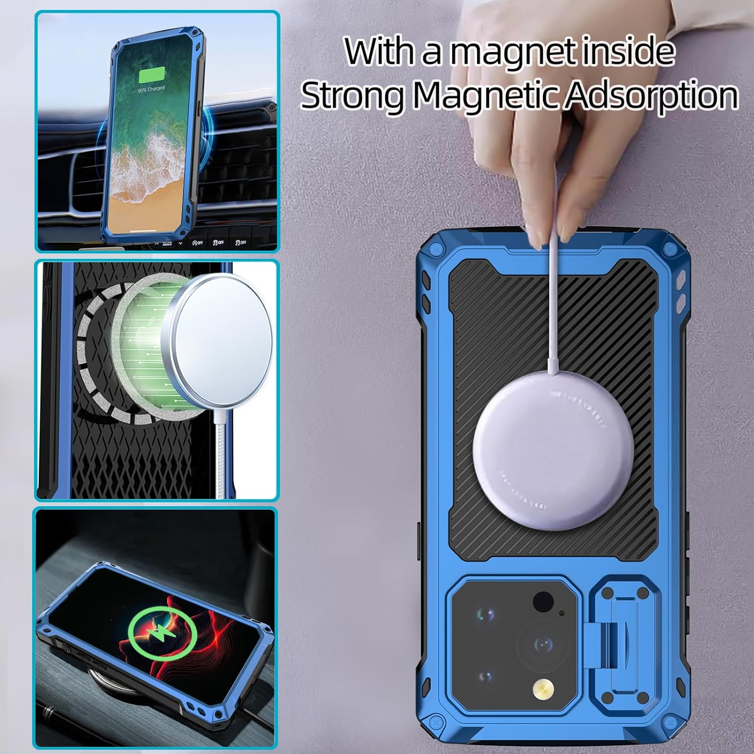 iPhone 15 Pro Max Case - Military Grade Shockproof Metal Cover with Magnetic Mount & Screen Protector - Perfect for Outdoor Adventures, Travel & Daily Protection (Blue)