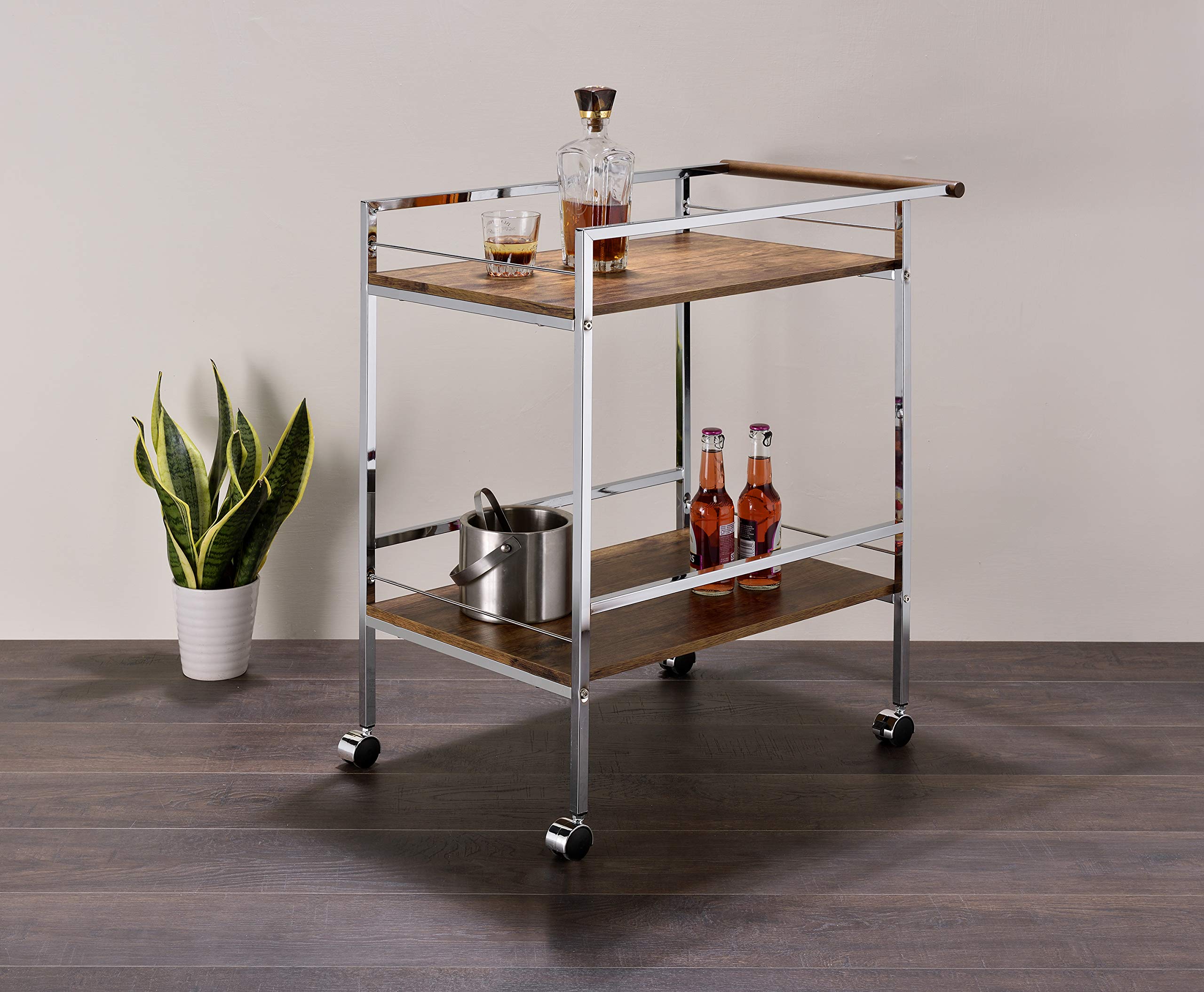 Kings Brand Furniture - Sutko Wood & Metal Rolling Bar Cart with Chrome Finish & Oak Top | Mobile Kitchen Island, Bar Serving Cart for Home, Restaurant & Outdoor Entertaining