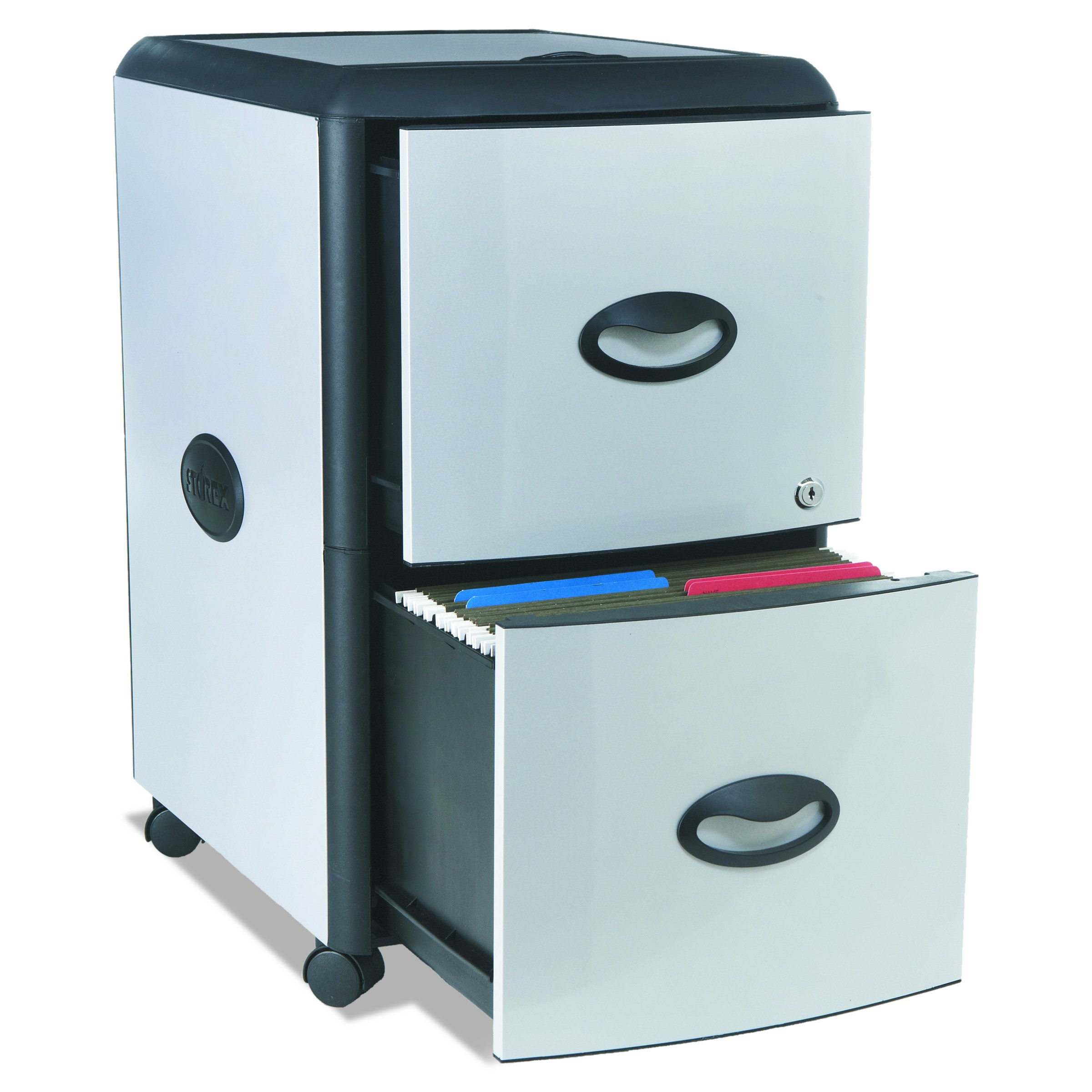 Storex 2-Drawer Rolling File Cabinet - Gray & Black Plastic Storage with Metal Accents, Lockable Mobile Office Organizer for Documents, Files & Supplies - Perfect for Home Office, Classroom & Workspace Organization