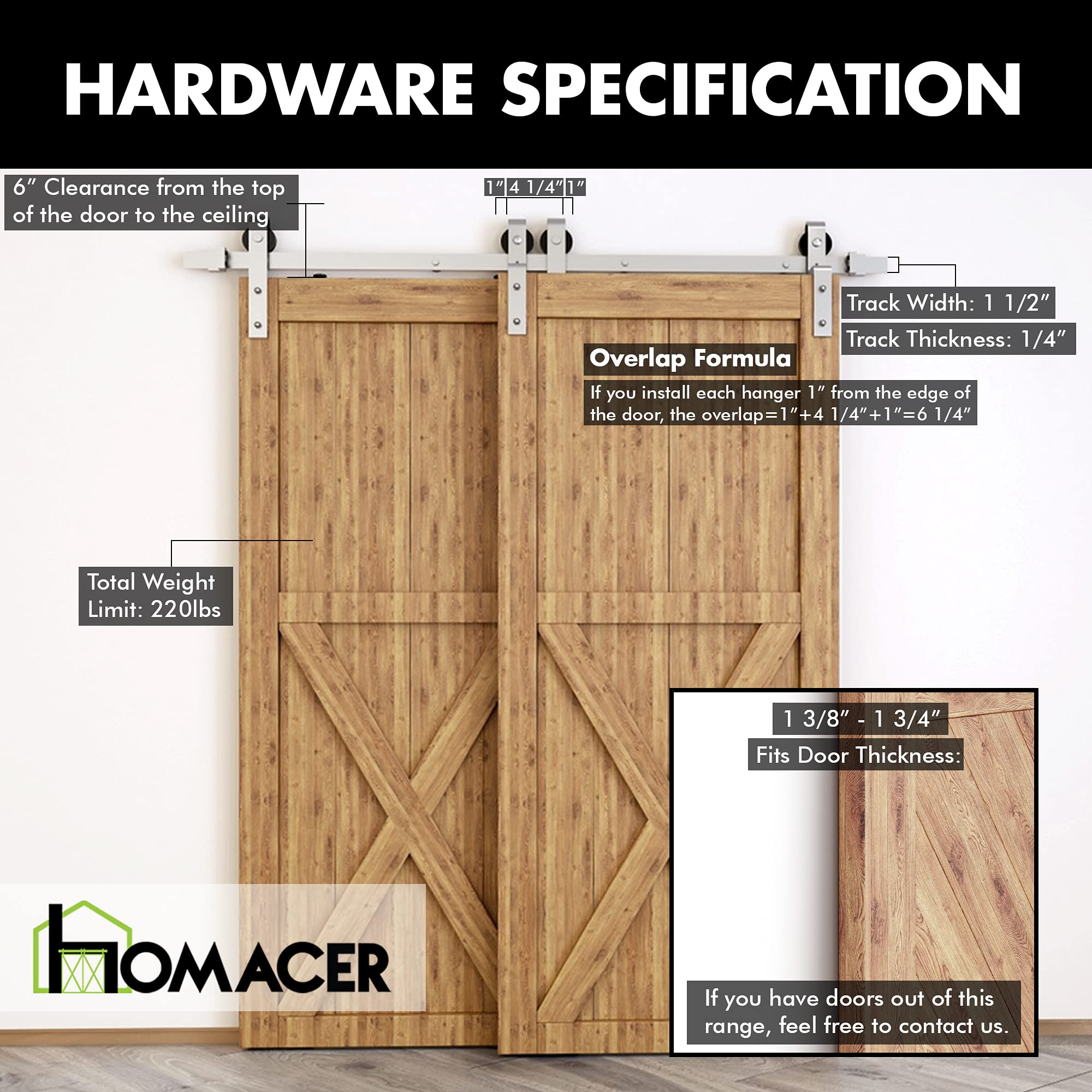 Homacer Brushed Nickel Single Track Bypass Sliding Barn Door Hardware Kit - 5ft Long Flat Track for Double Doors with Classic Roller Design | Perfect for Bedroom, Closet & Farmhouse Style Interior Decor